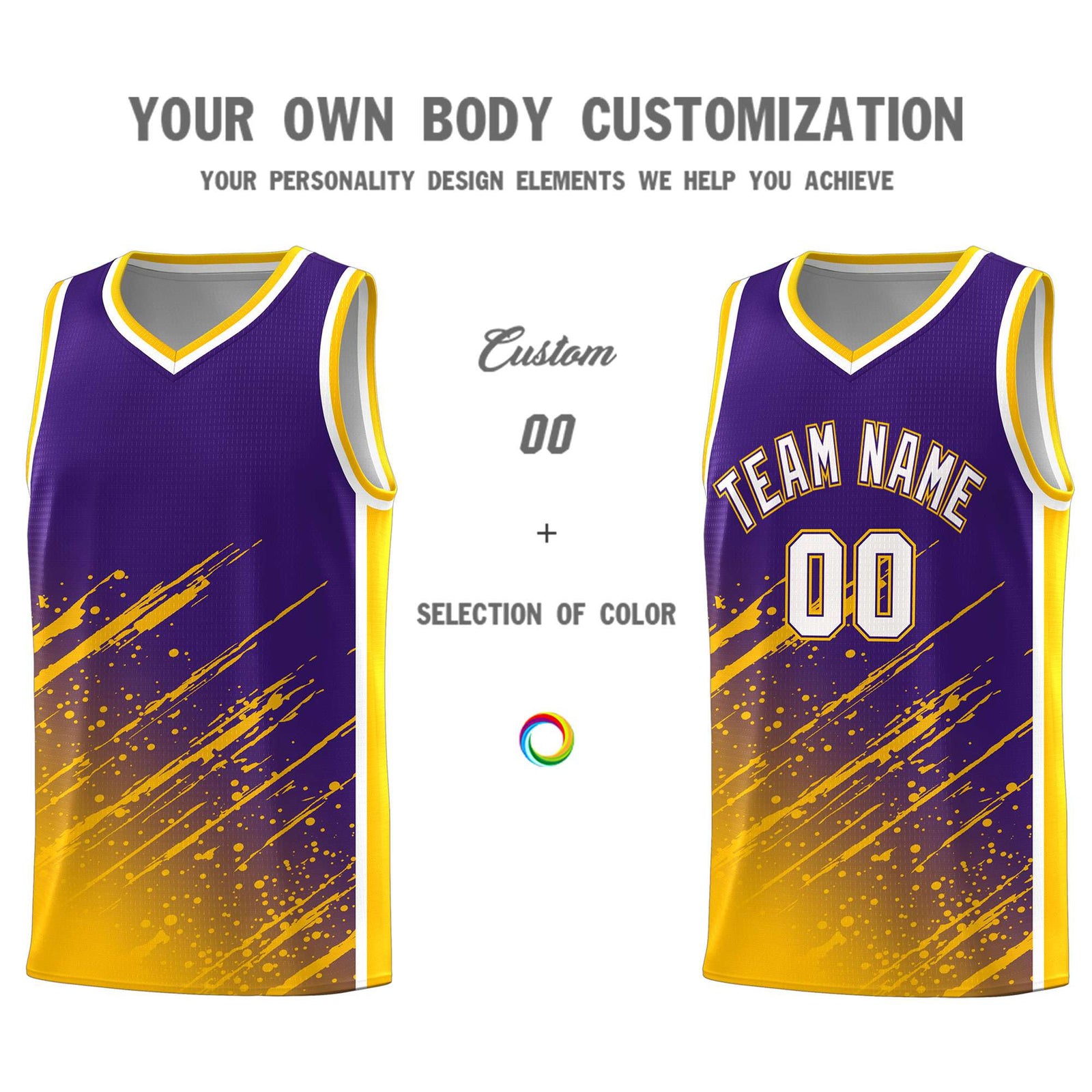 Custom Purple Basketball Kits With Yellow Paint Graffiti
