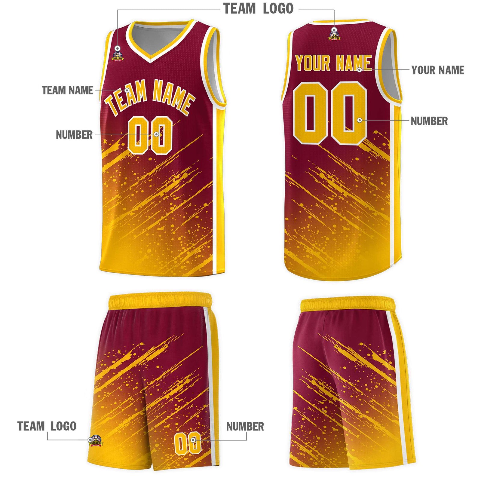 Custom Crimson Basketball Kits With Yellow Paint Graffiti