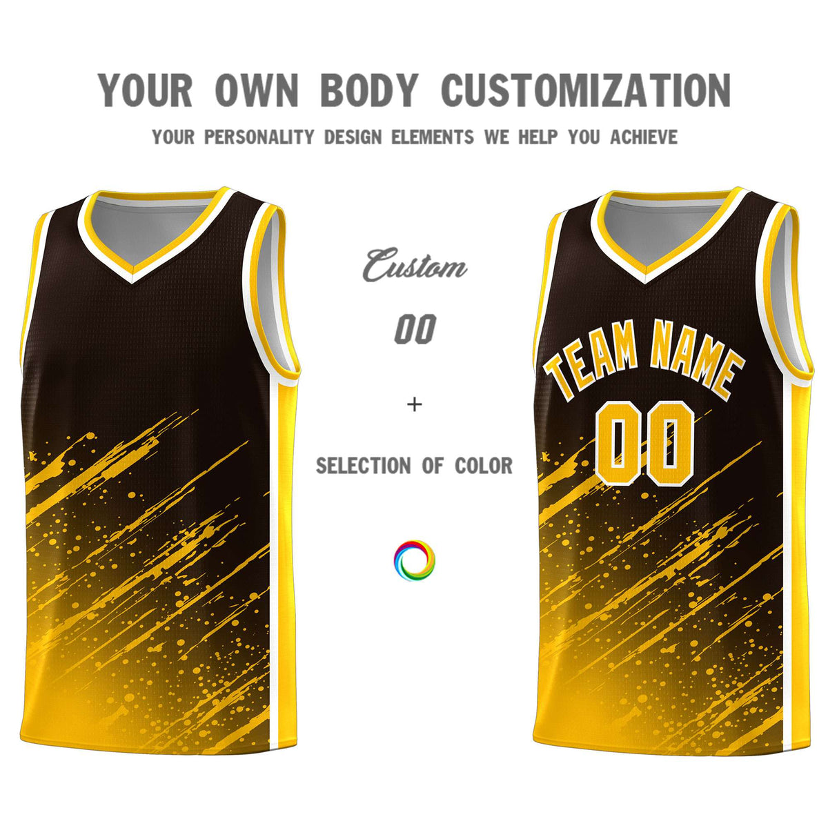 Custom Brown Basketball Kits With Yellow Paint Graffiti