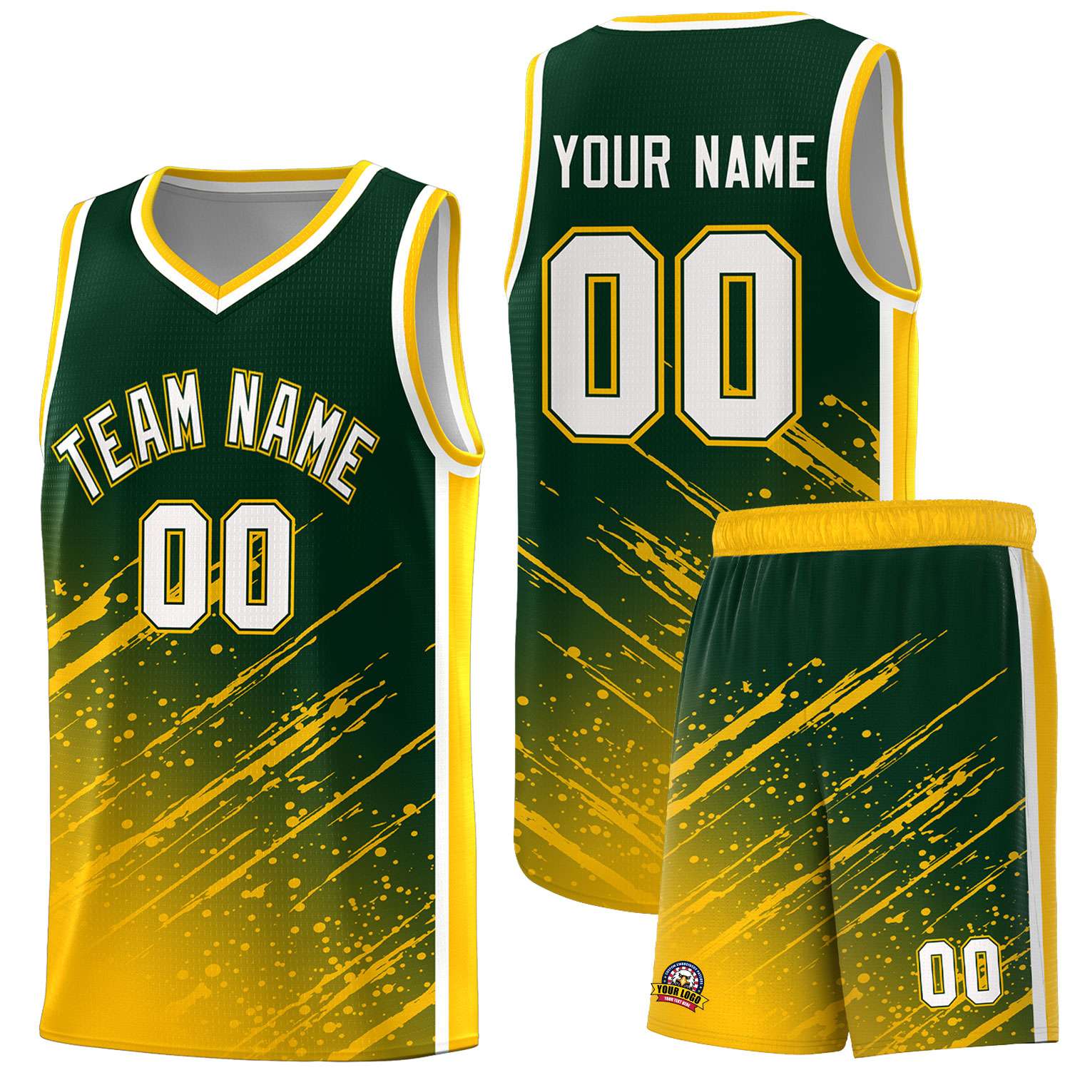 Custom Green Basketball Kits With Yellow Paint Graffiti