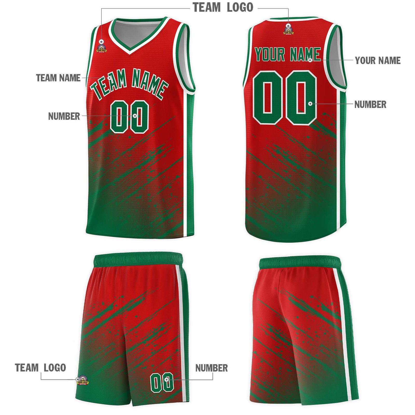 Custom Red Basketball Kits With Kelly Green Paint Graffiti