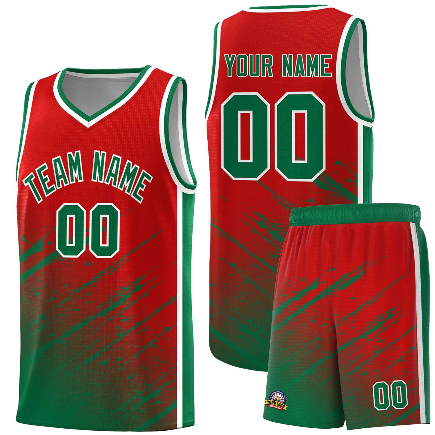 Custom Red Basketball Kits With Kelly Green Paint Graffiti