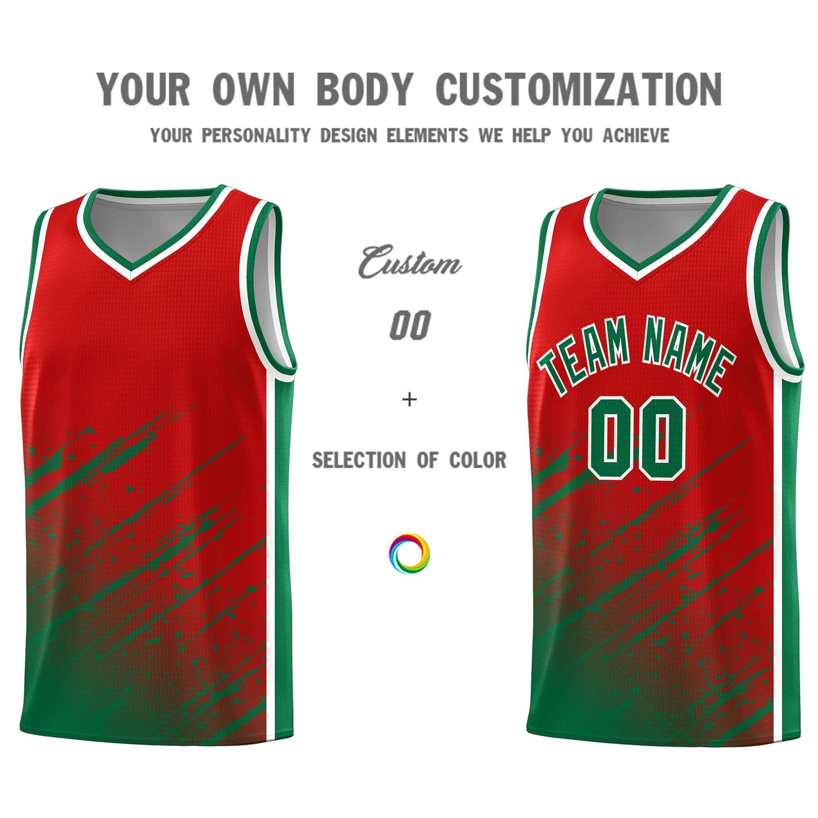 Custom Red Basketball Kits With Kelly Green Paint Graffiti