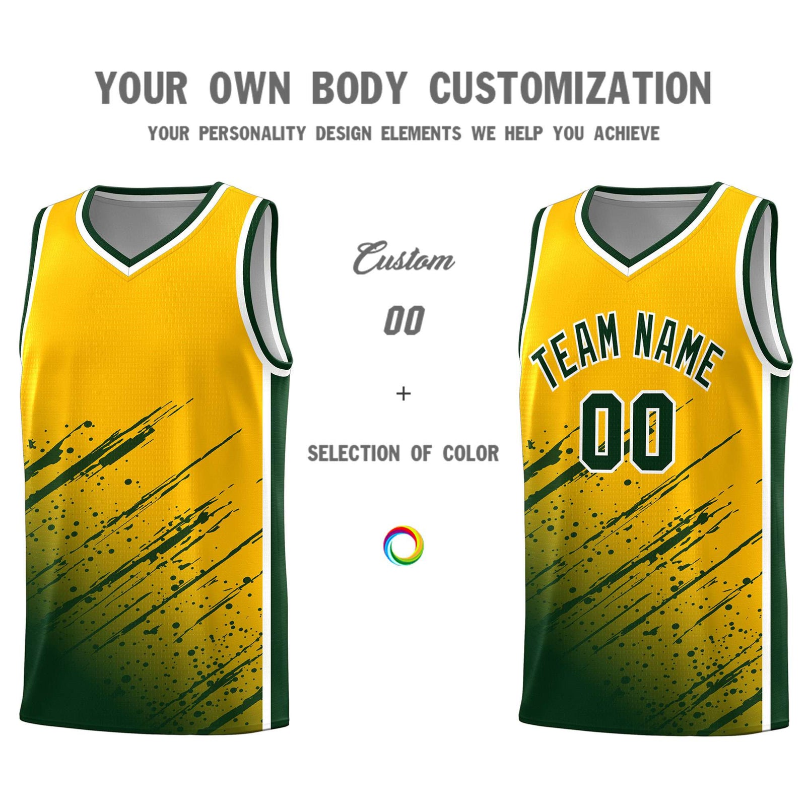 Custom Yellow Basketball Kits With Green Paint Graffiti