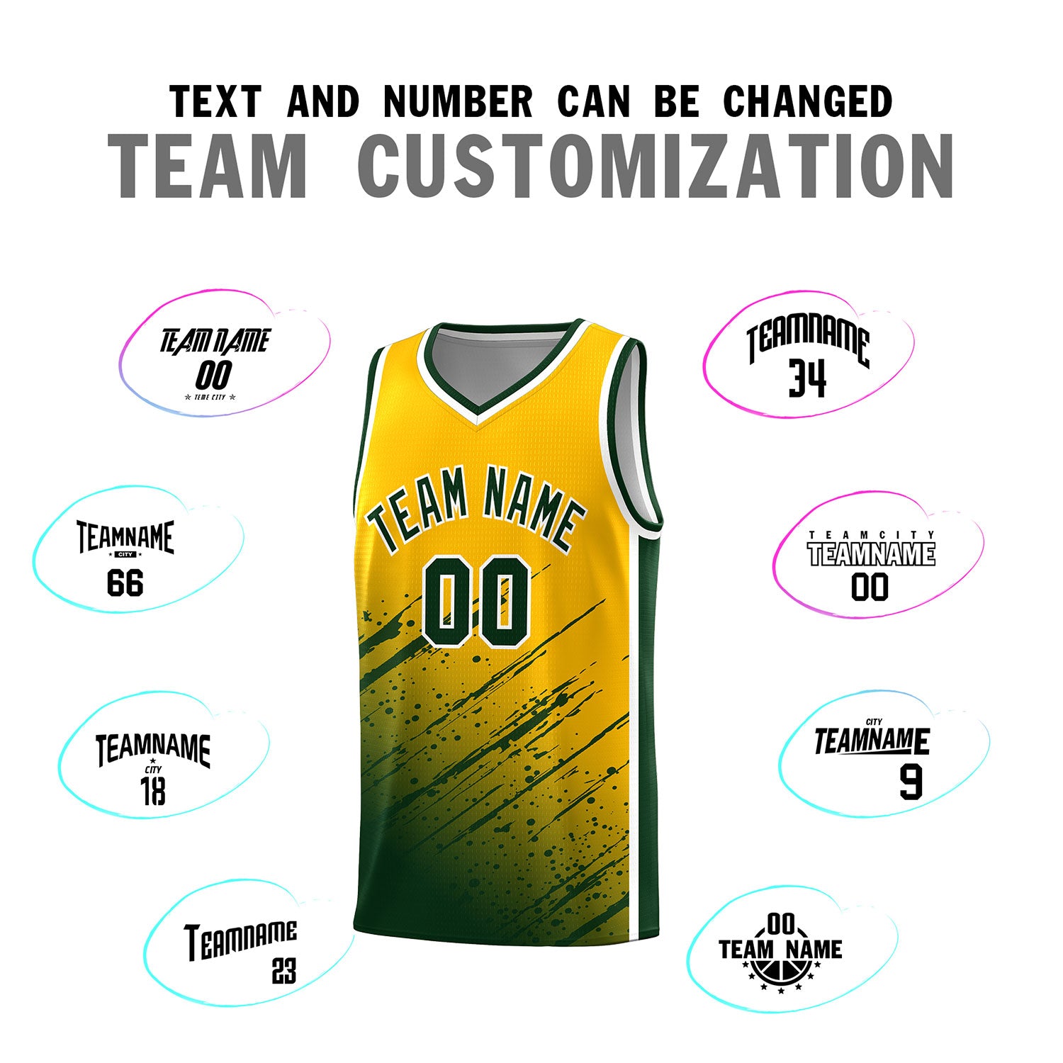 Custom Yellow Basketball Kits With Green Paint Graffiti