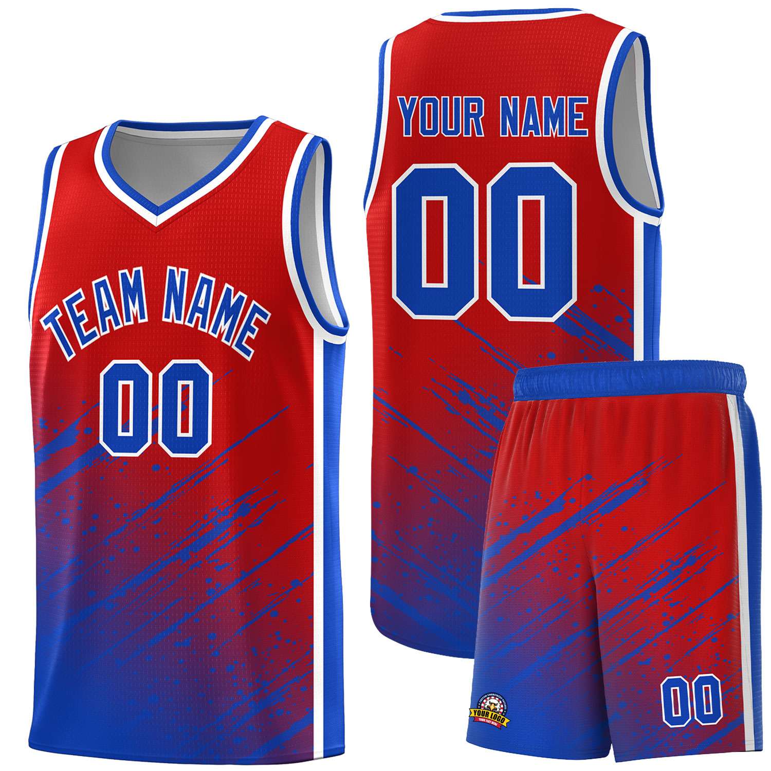 Custom Red Basketball Kits With Royal Paint Graffiti