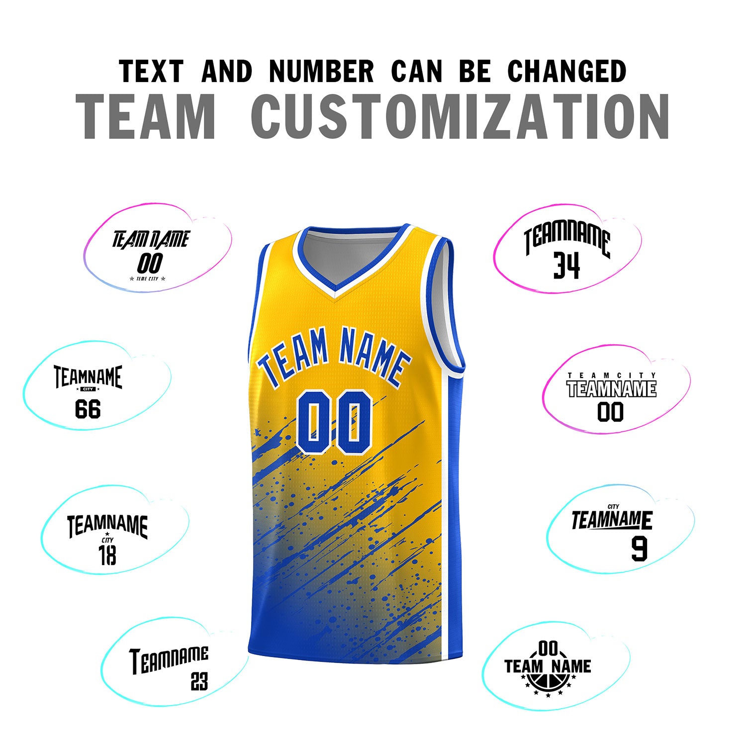 Custom Yellow Basketball Kits With Royal Paint Graffiti