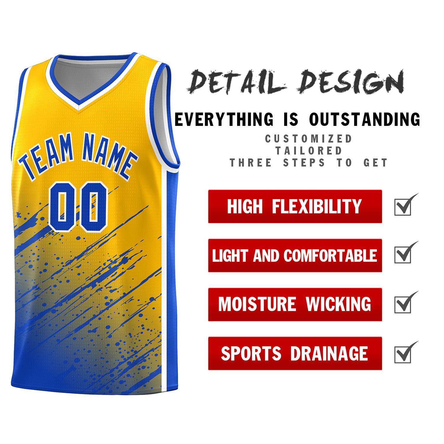 Custom Yellow Basketball Kits With Royal Paint Graffiti