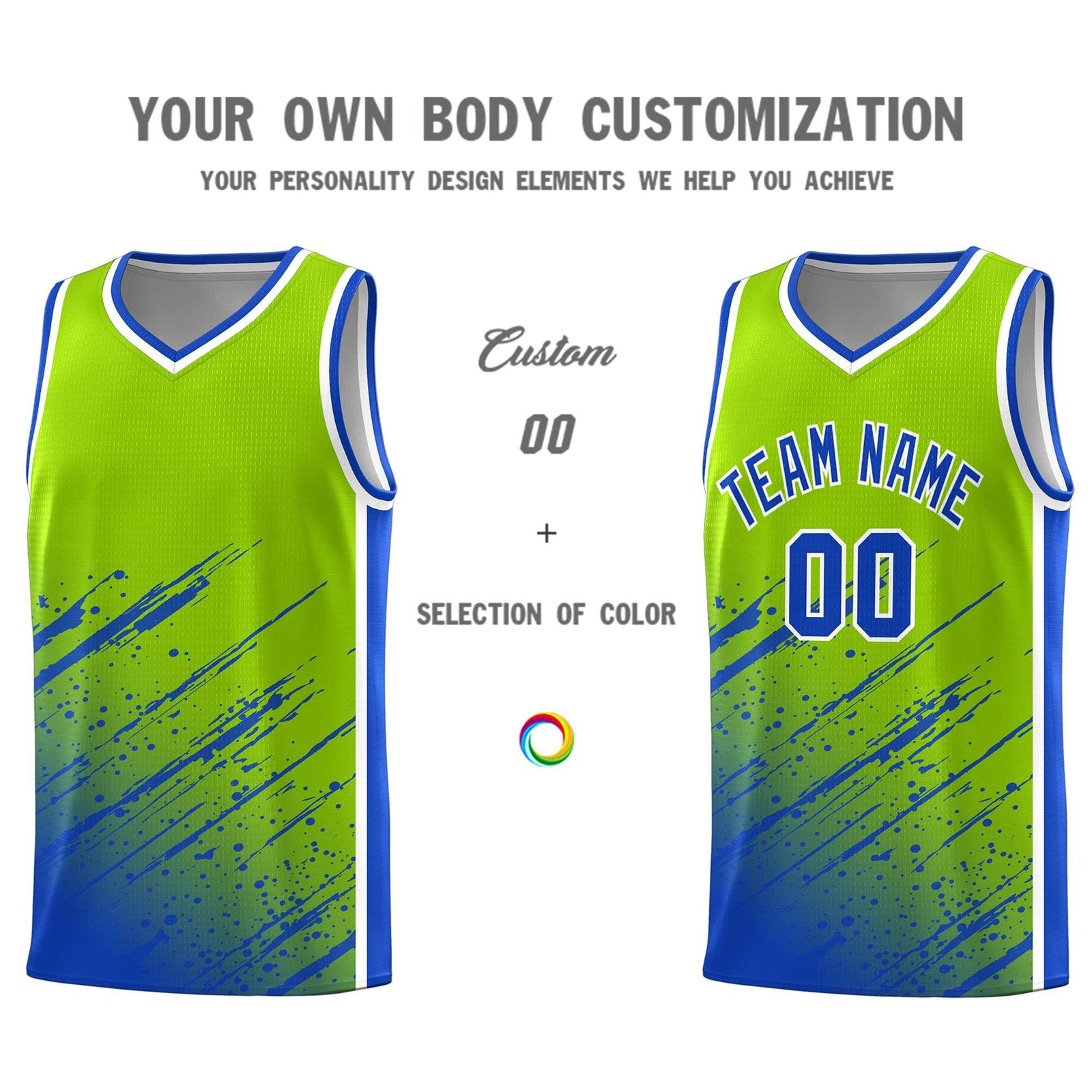 Custom Neon Green Basketball Kits With Royal Paint Graffiti
