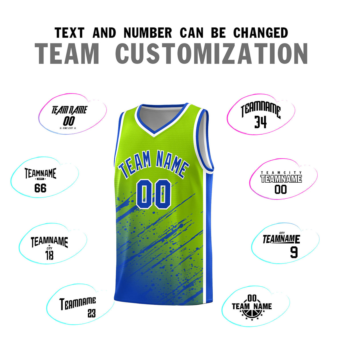 Custom Neon Green Basketball Kits With Royal Paint Graffiti