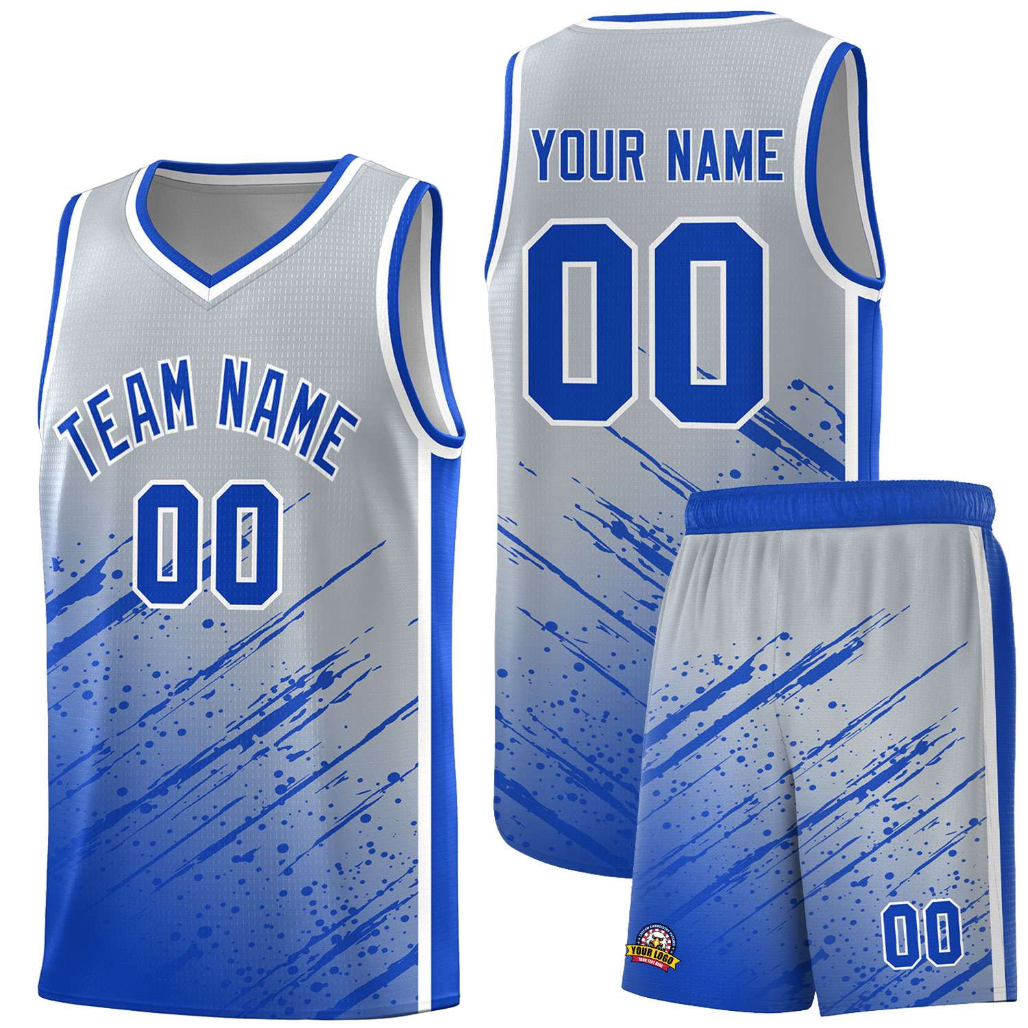 Custom Gray Basketball Kits With Royal Paint Graffiti
