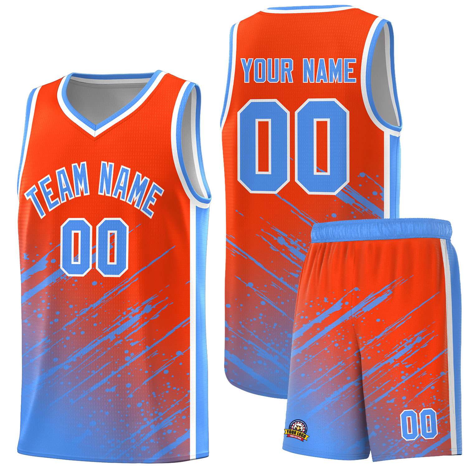 Custom Orange Basketball Kits With Powder Blue Paint Graffiti