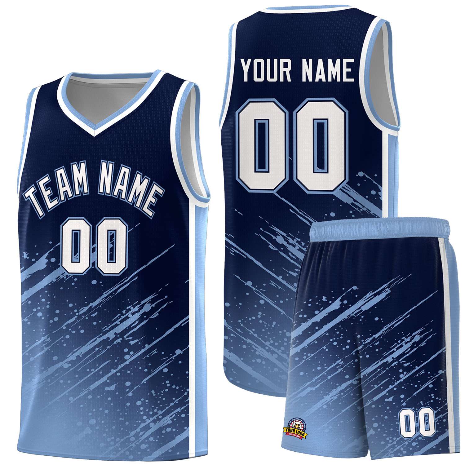 Custom Navy Basketball Kits With Light Blue Paint Graffiti