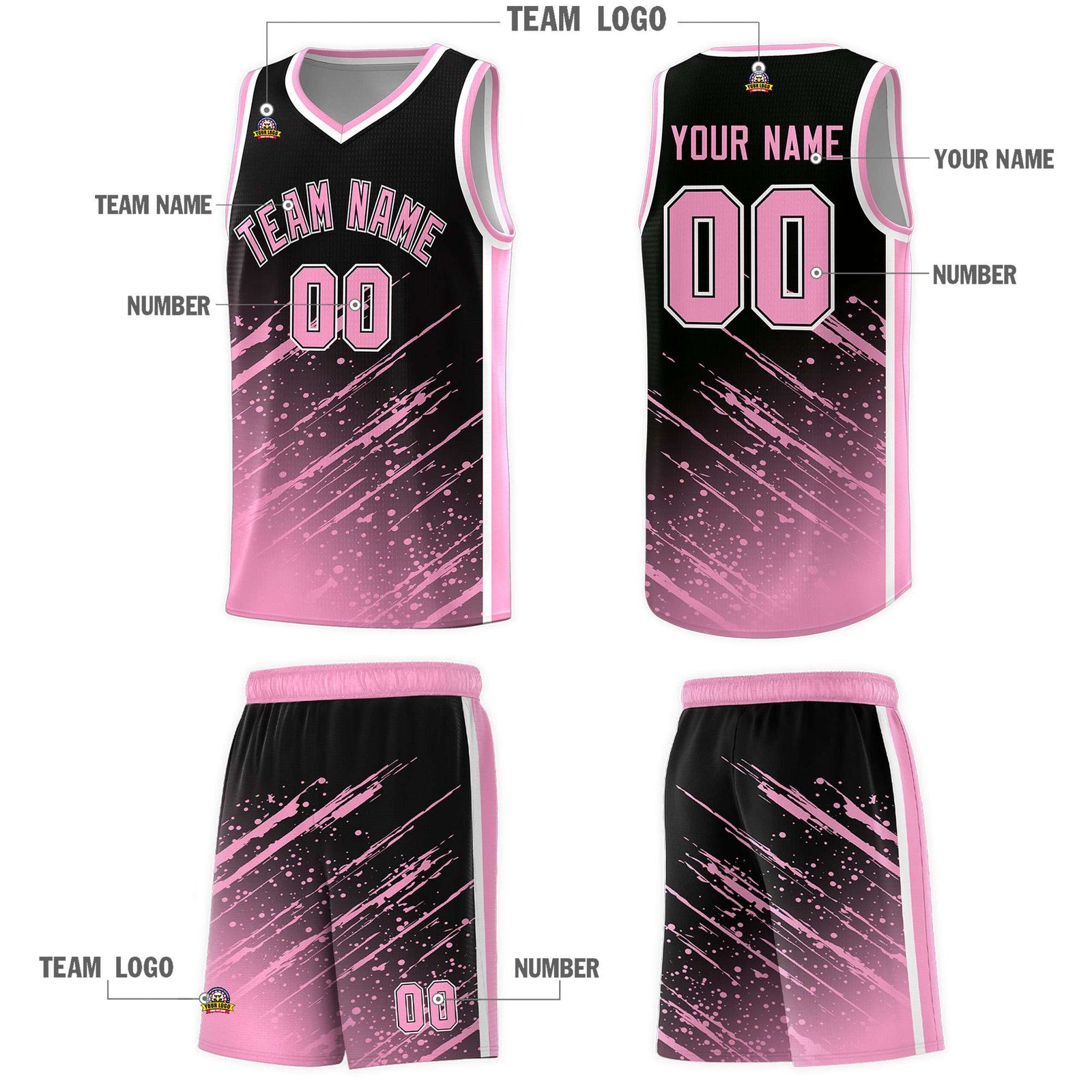 Custom Black Basketball Kits With Light Pink Paint Graffiti