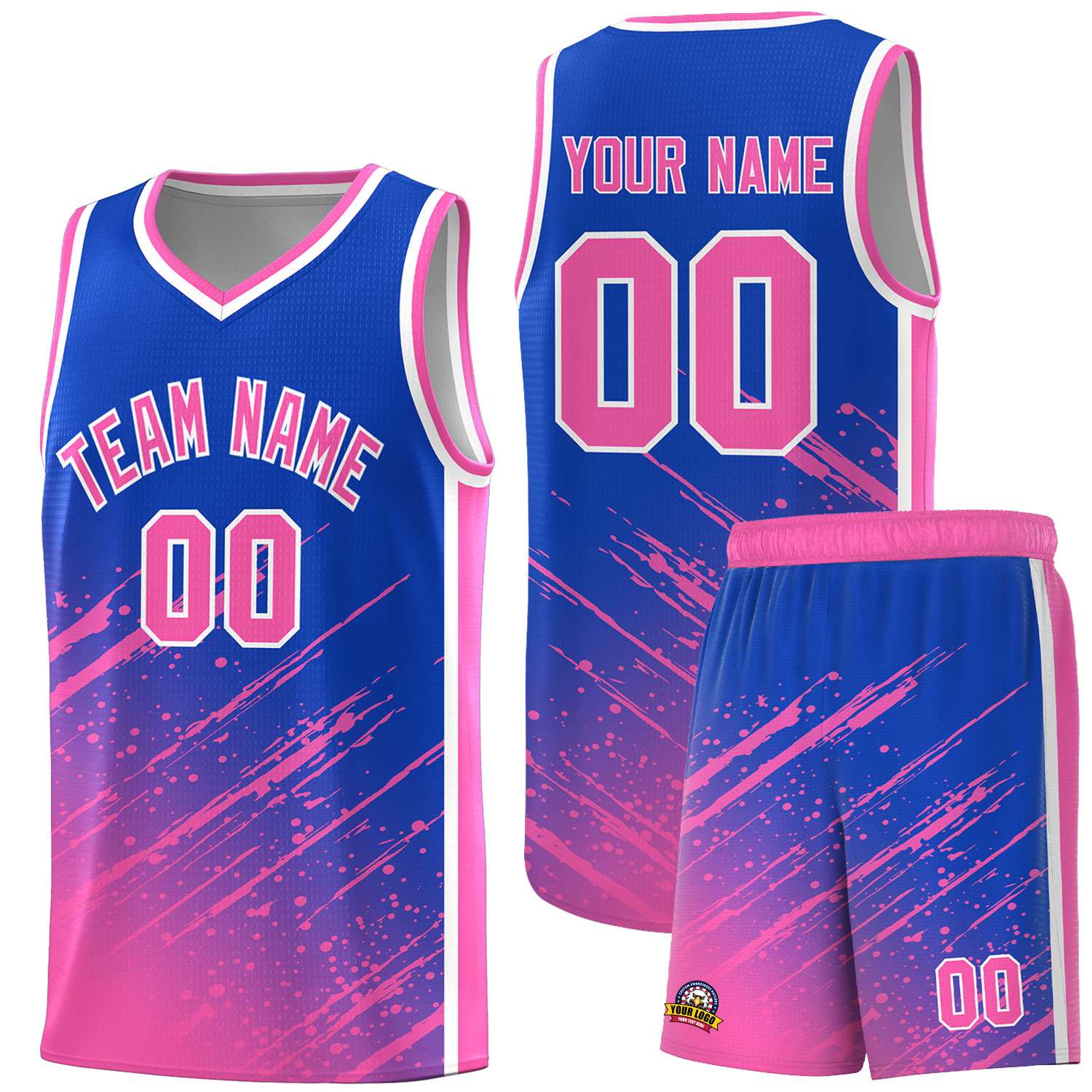 Custom Royal Basketball Kits With Pink Paint Graffiti