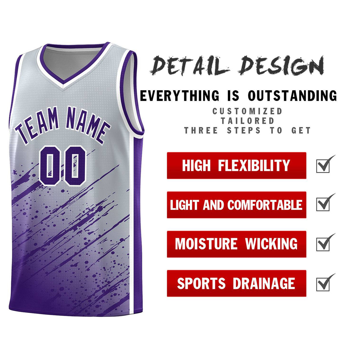 Custom Gray Basketball Kits With Purple Paint Graffiti