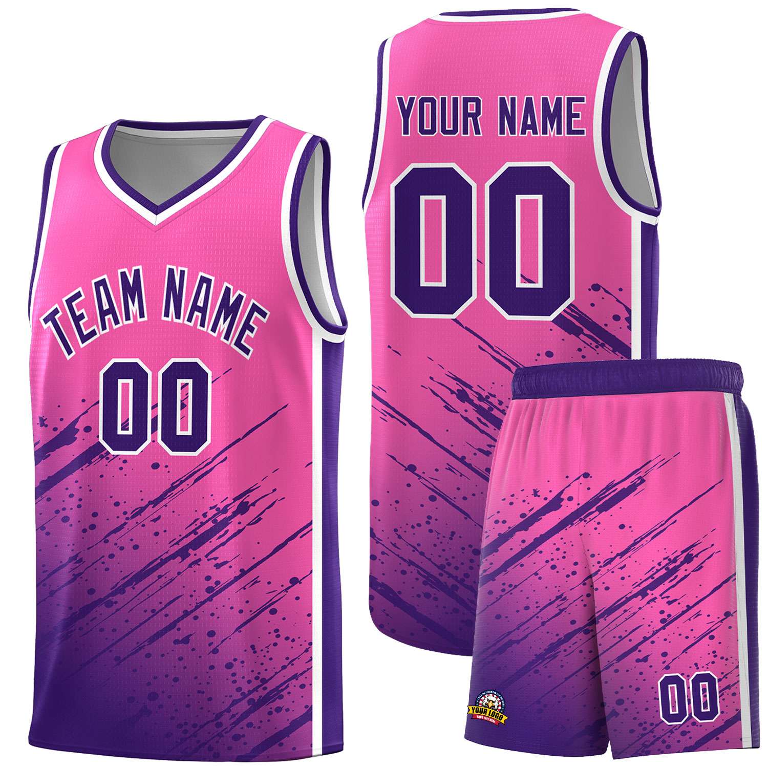 Custom Pink Basketball Kits With Purple Paint Graffiti