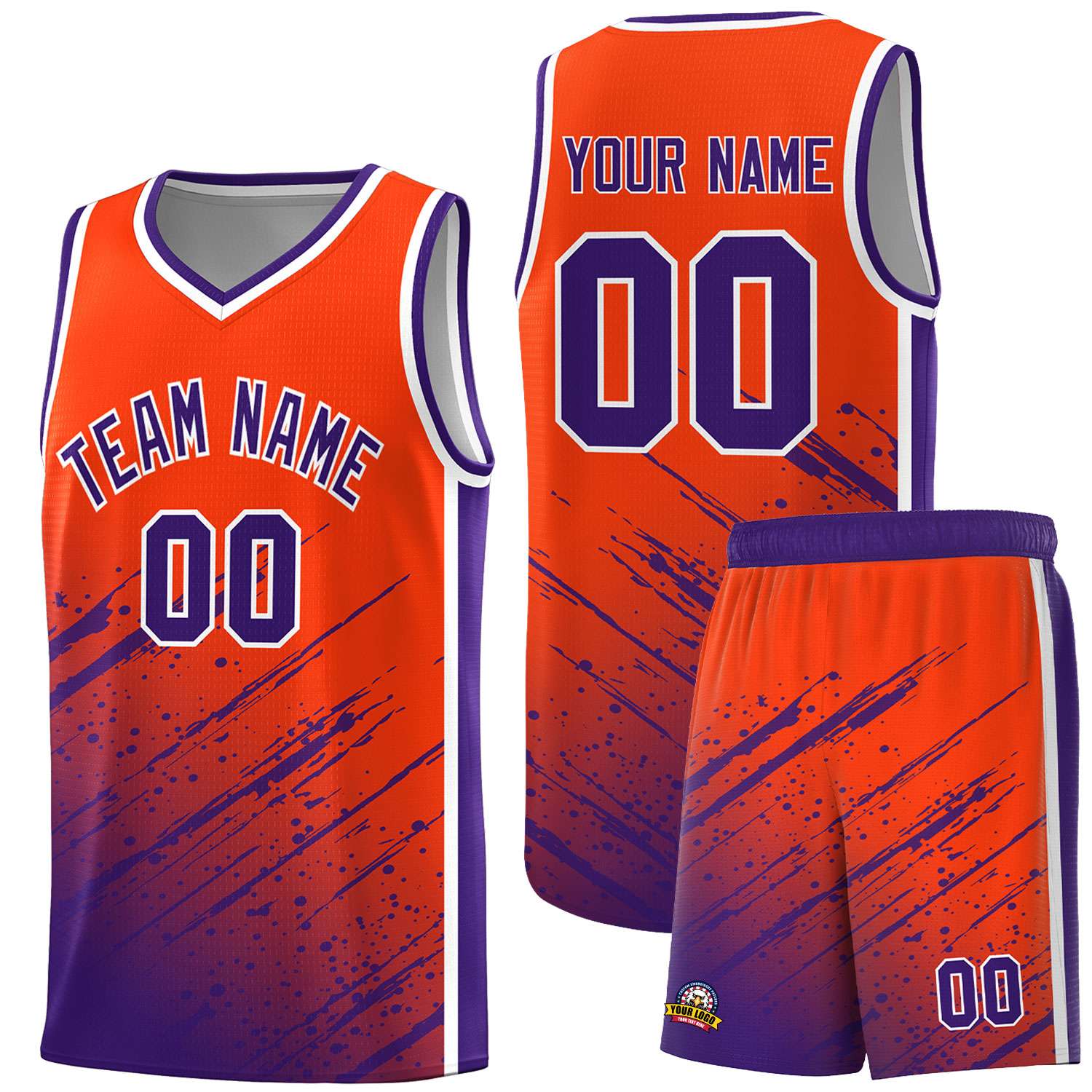 Custom Orange Basketball Kits With Purple Paint Graffiti