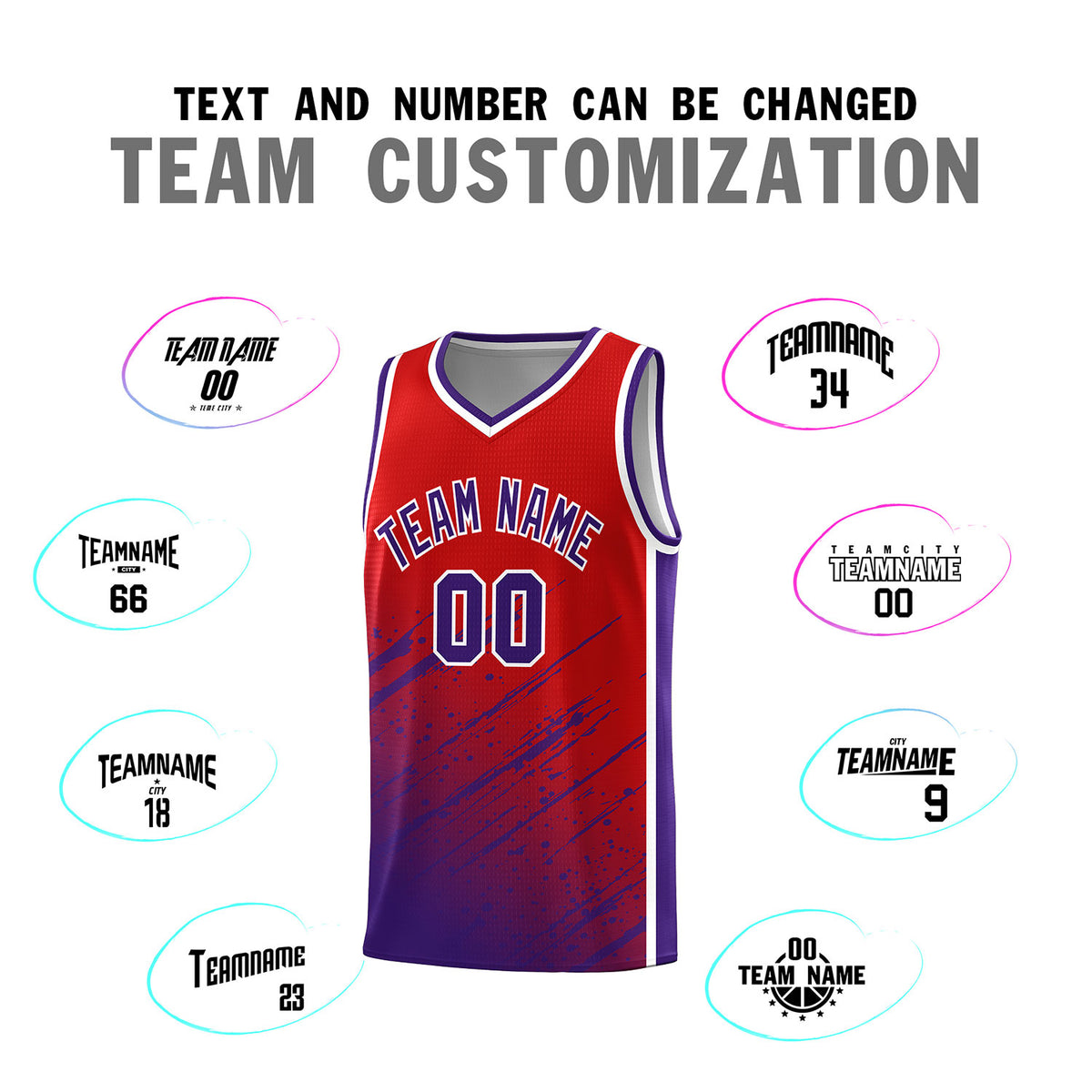 Custom Red Basketball Kits With Purple Paint Graffiti