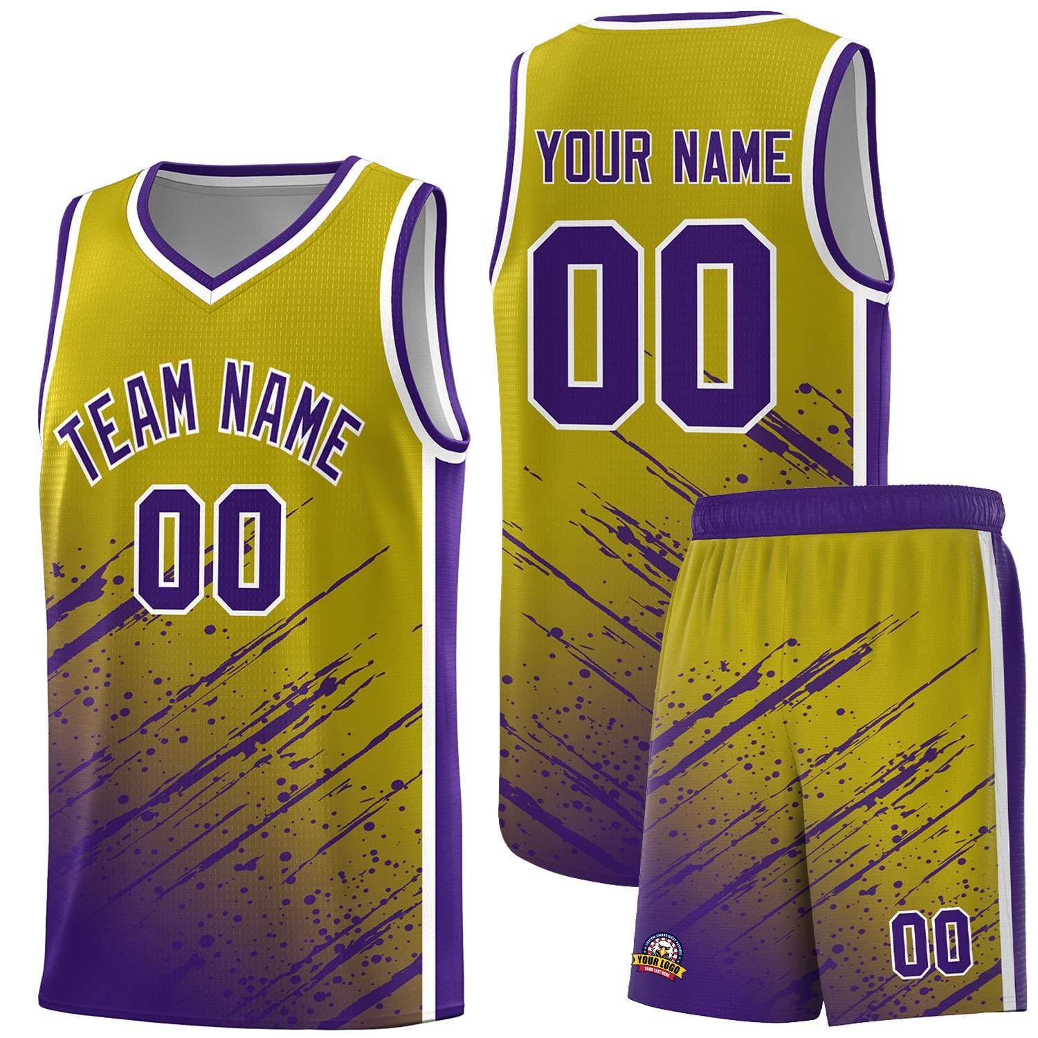 Custom Old Gold Basketball Kits With Purple Paint Graffiti