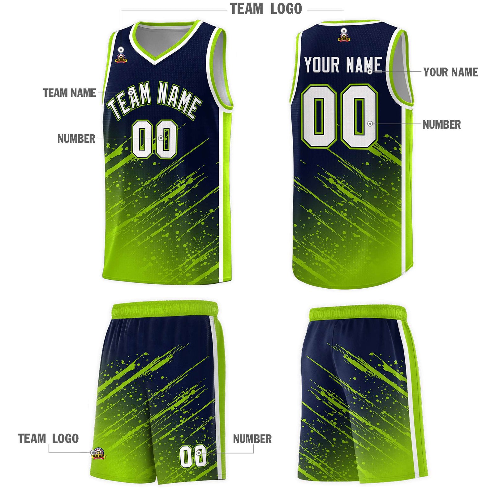 Custom Navy Basketball Kits With Neon Green Paint Graffiti
