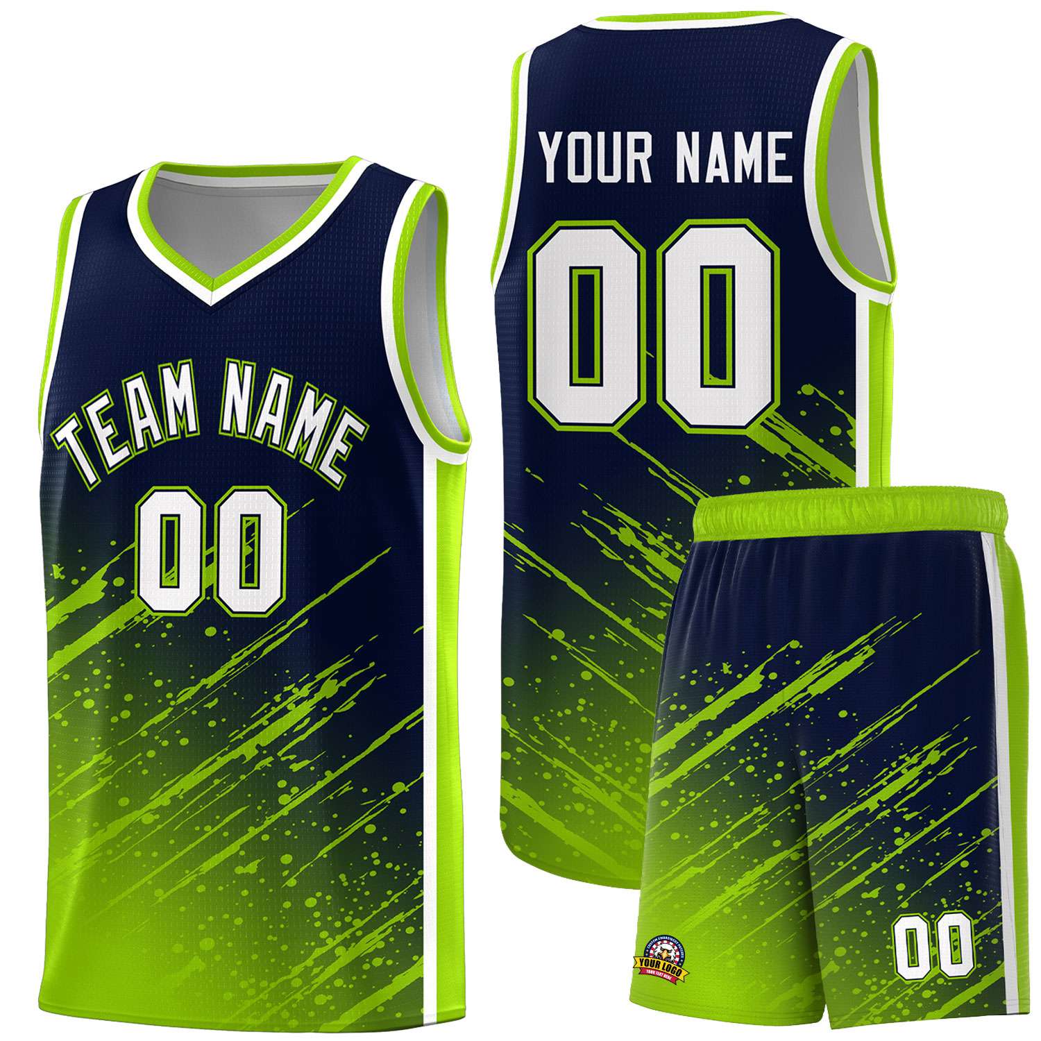 Custom Navy Basketball Kits With Neon Green Paint Graffiti