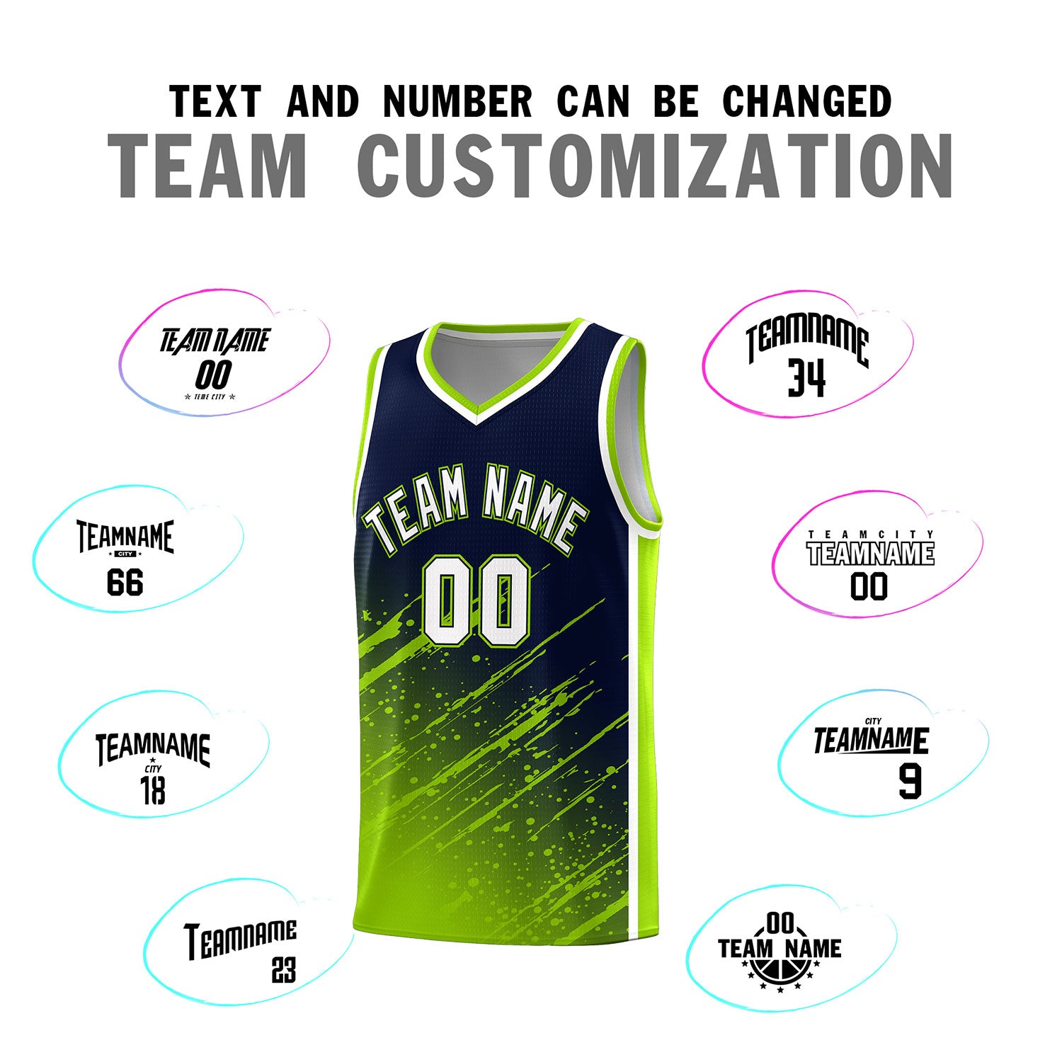 Custom Navy Basketball Kits With Neon Green Paint Graffiti