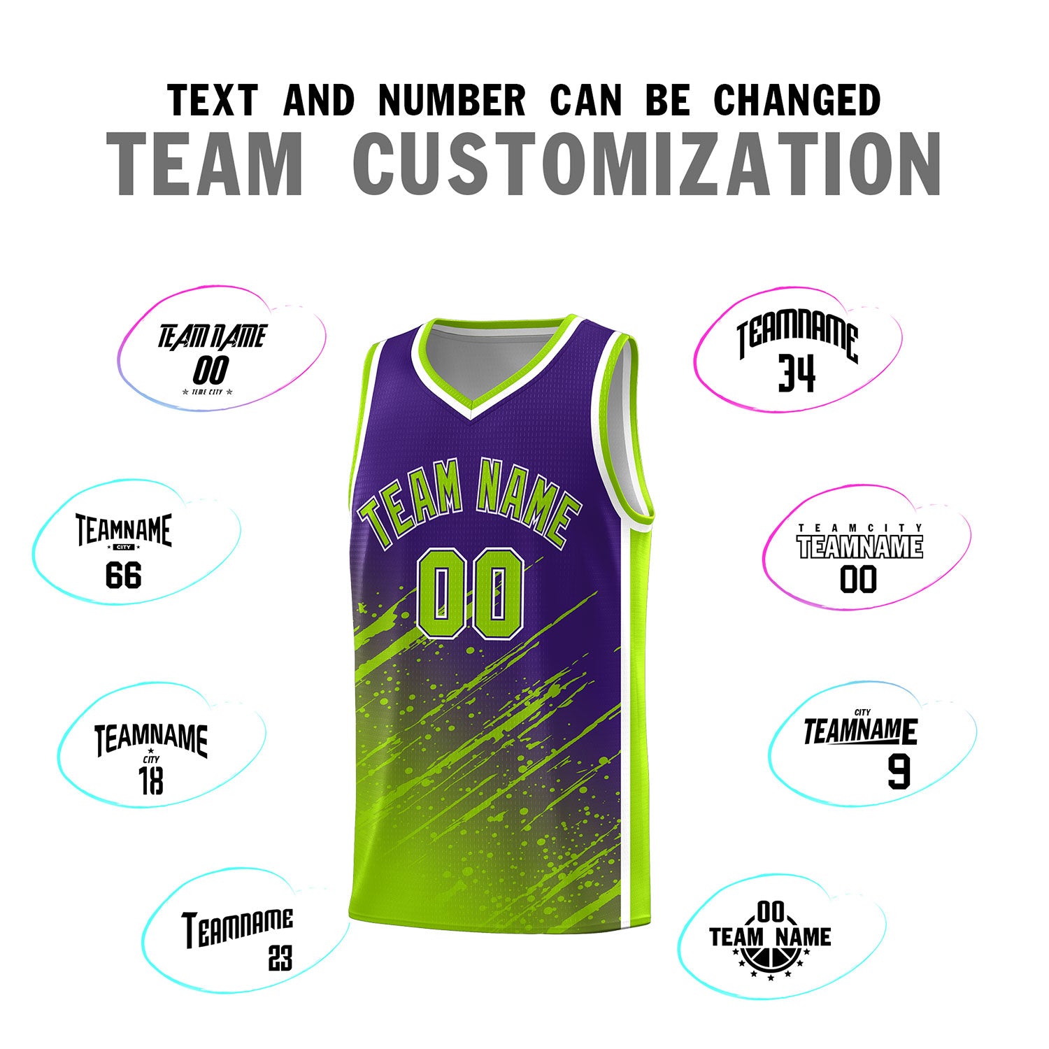 Custom Purple Basketball Kits With Neon Green Paint Graffiti