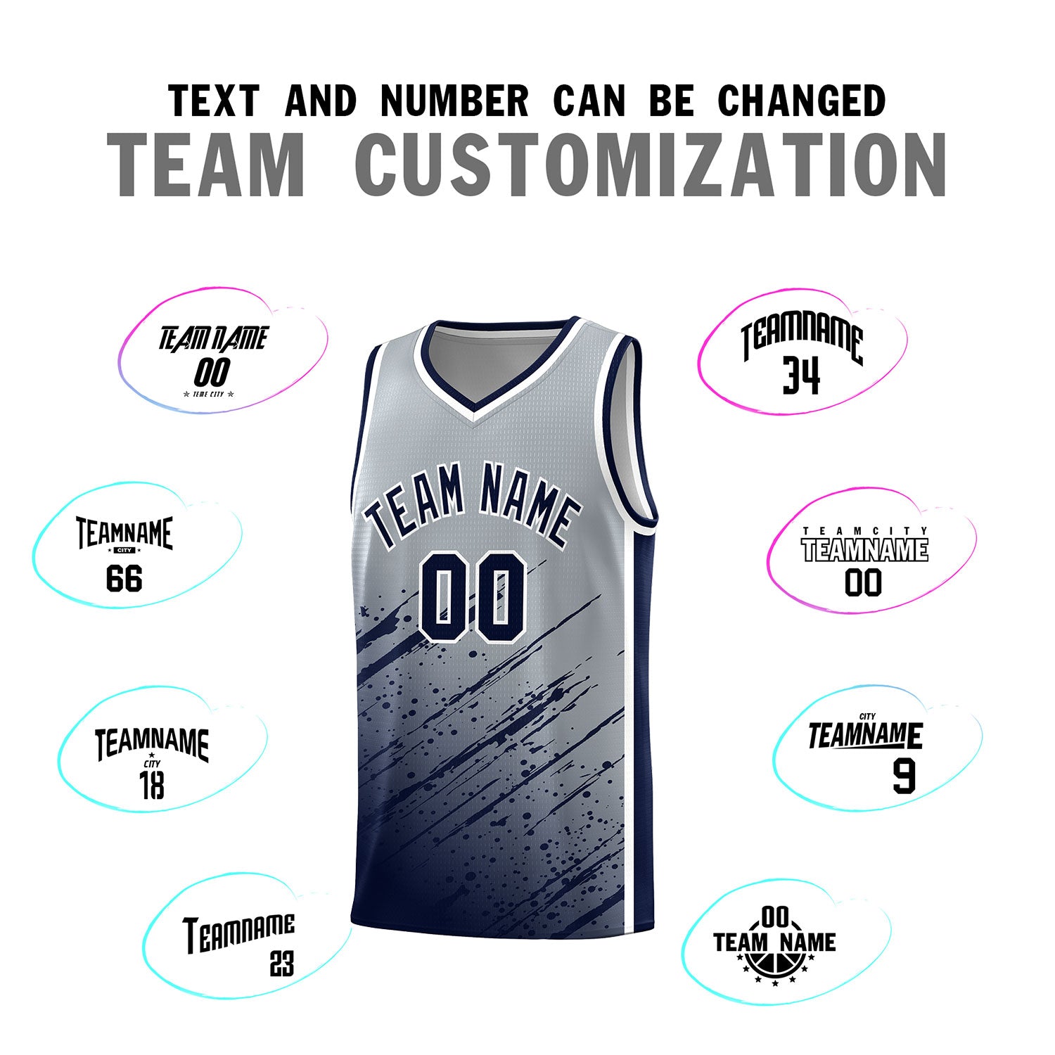 Custom Gray Basketball Kits With Navy Paint Graffiti