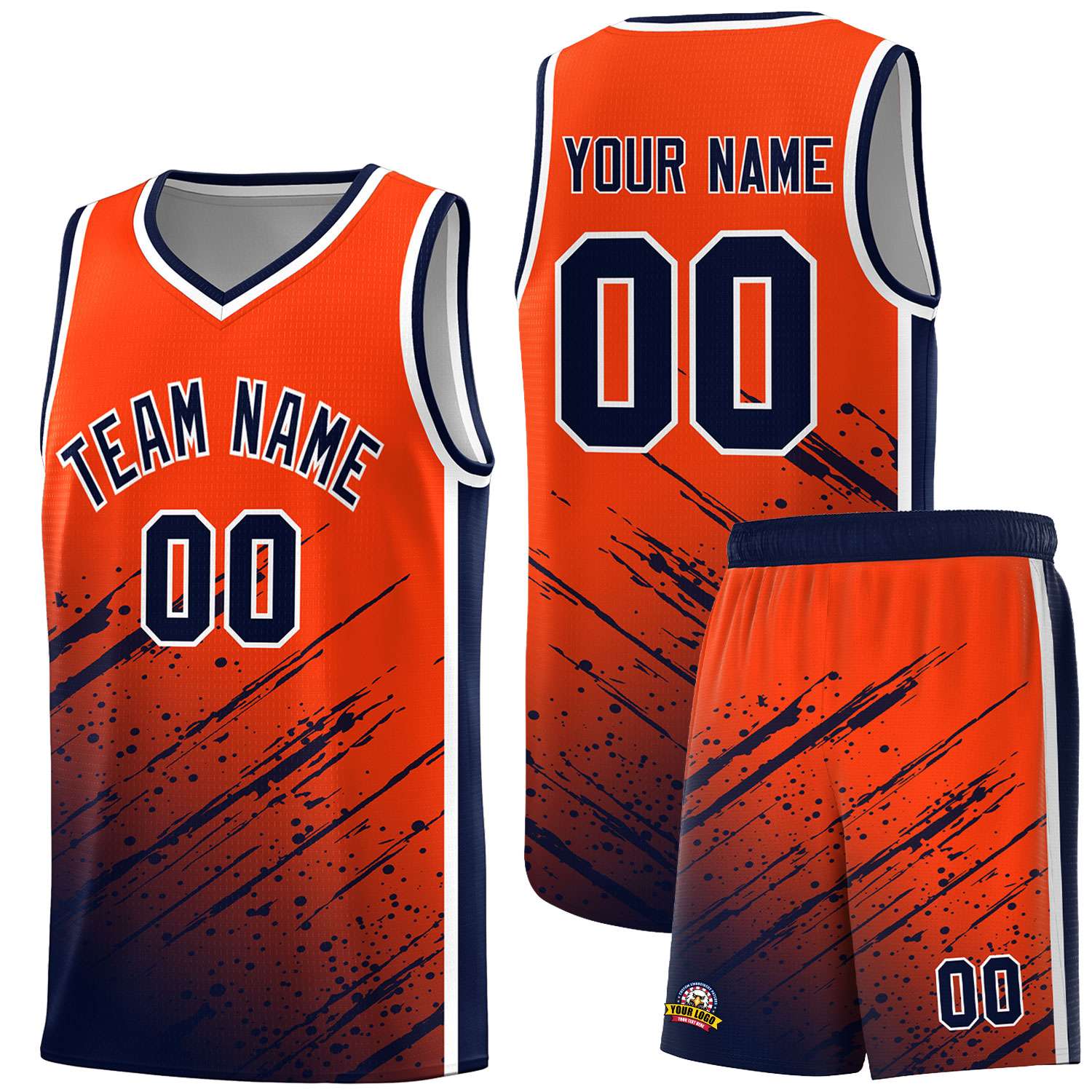 Custom Orange Basketball Kits With Navy Paint Graffiti
