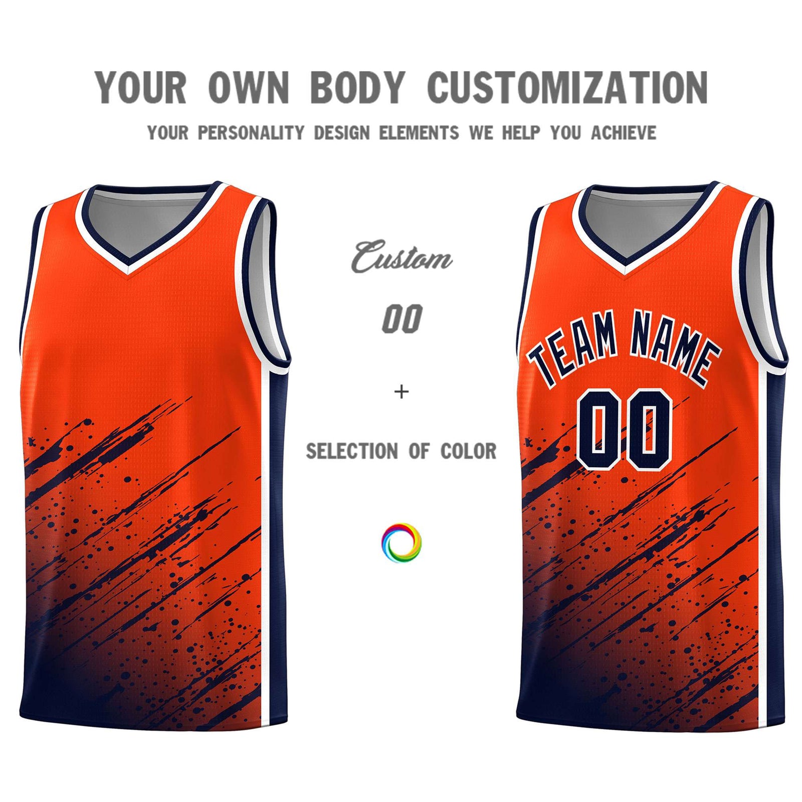 Custom Orange Basketball Kits With Navy Paint Graffiti