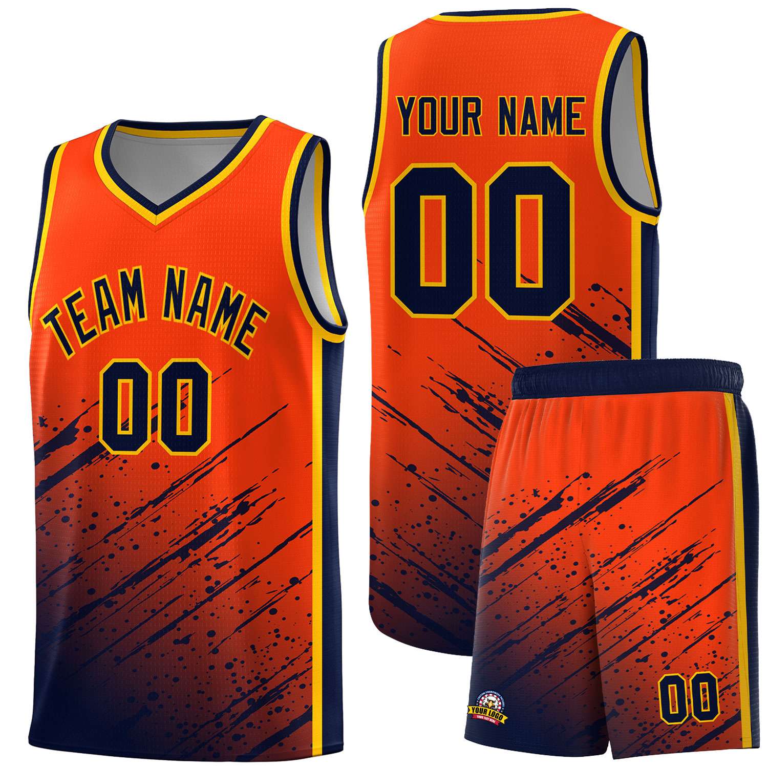 Custom Orange Basketball Kits With Navy Paint Graffiti