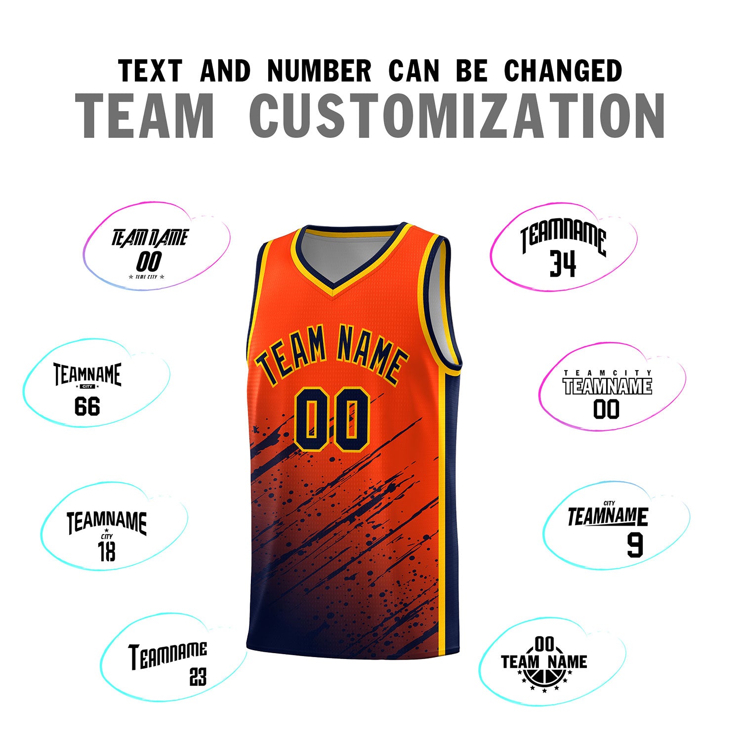 Custom Orange Basketball Kits With Navy Paint Graffiti