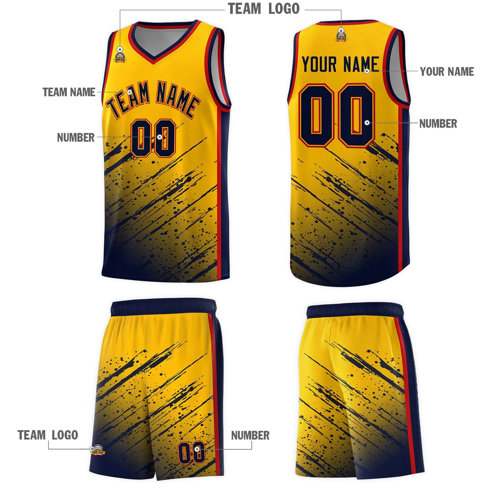 Custom Yellow Basketball Kits With Navy Paint Graffiti