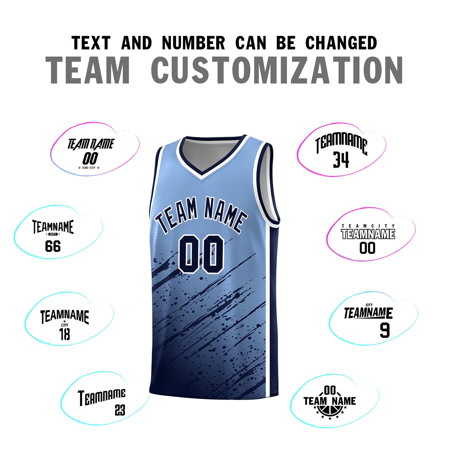 Custom Light Blue Basketball Kits With Navy Paint Graffiti