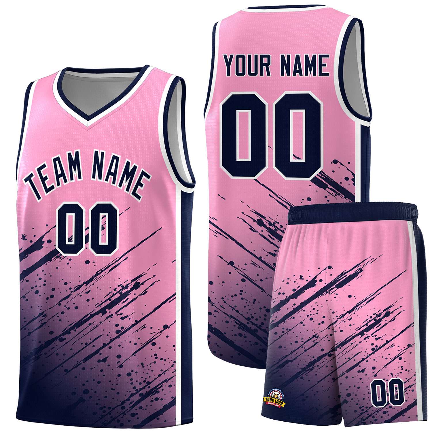 Custom Light Pink Basketball Kits With Navy Paint Graffiti