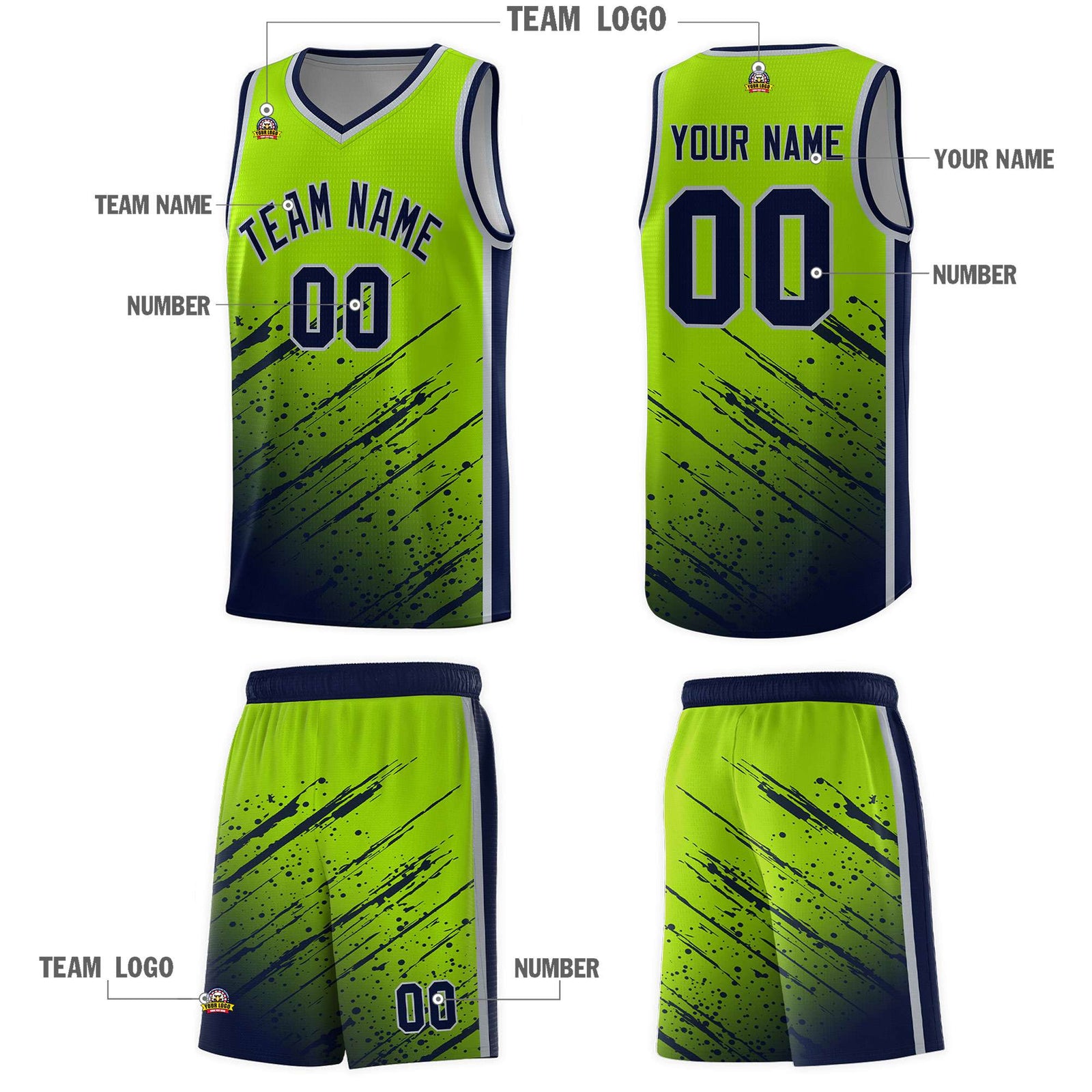 Custom Neon Green Basketball Kits With Navy Paint Graffiti