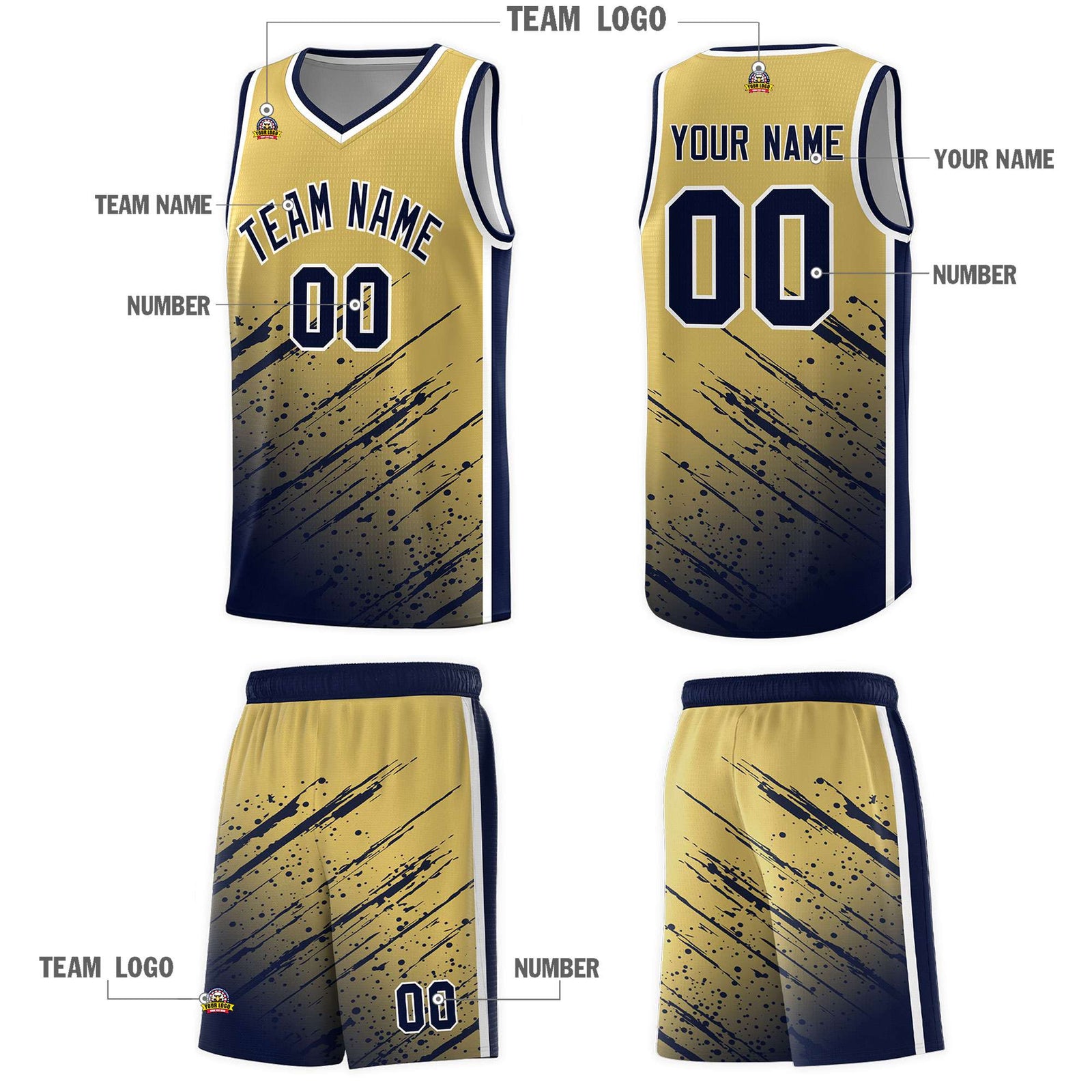 Custom Khaki Basketball Kits With Navy Paint Graffiti