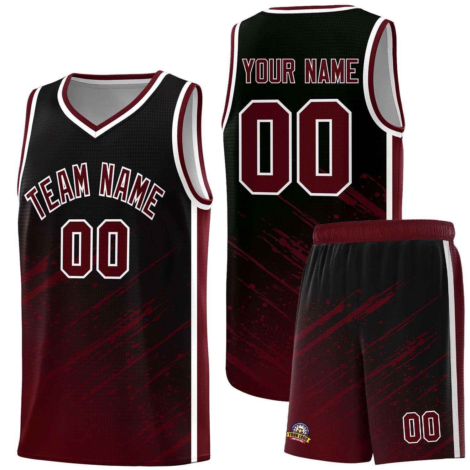 Custom Black Basketball Kits With Crimson Paint Graffiti