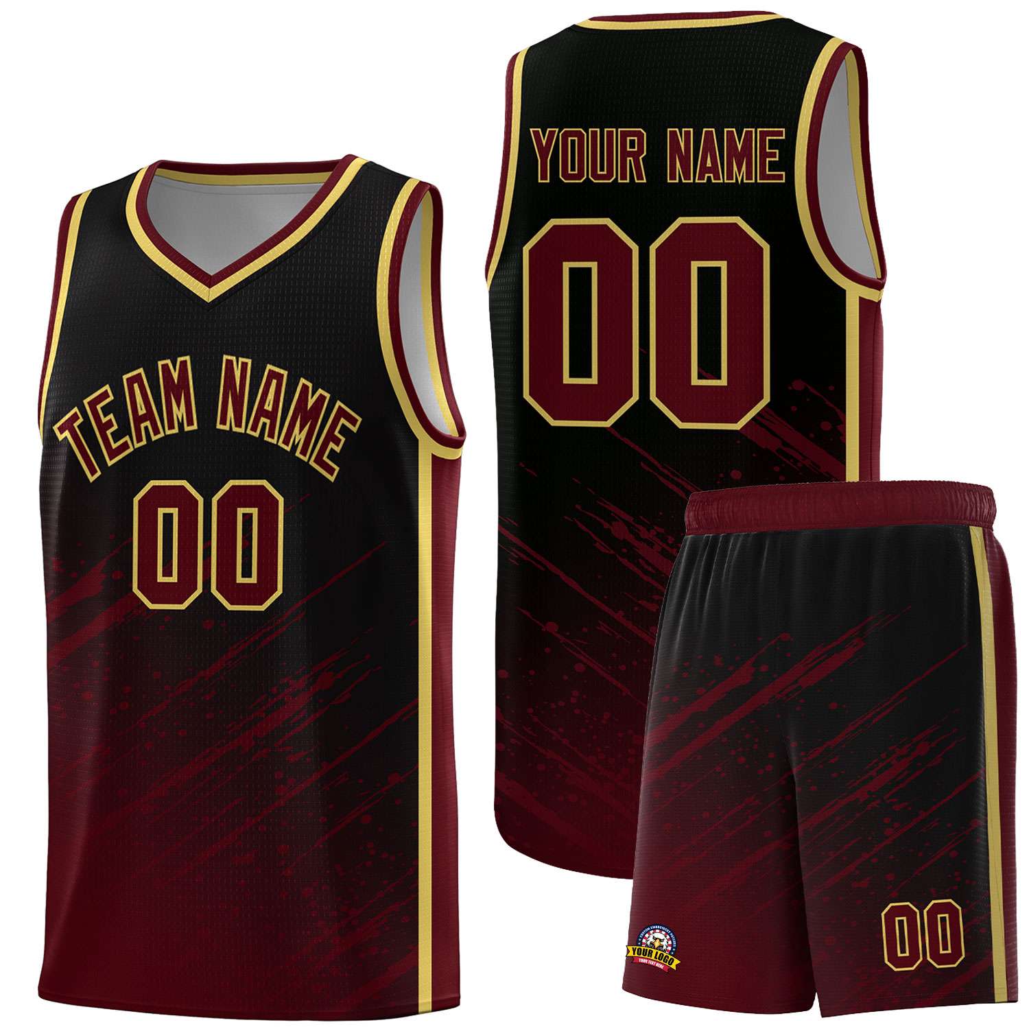 Custom Black Basketball Kits With Crimson Paint Graffiti