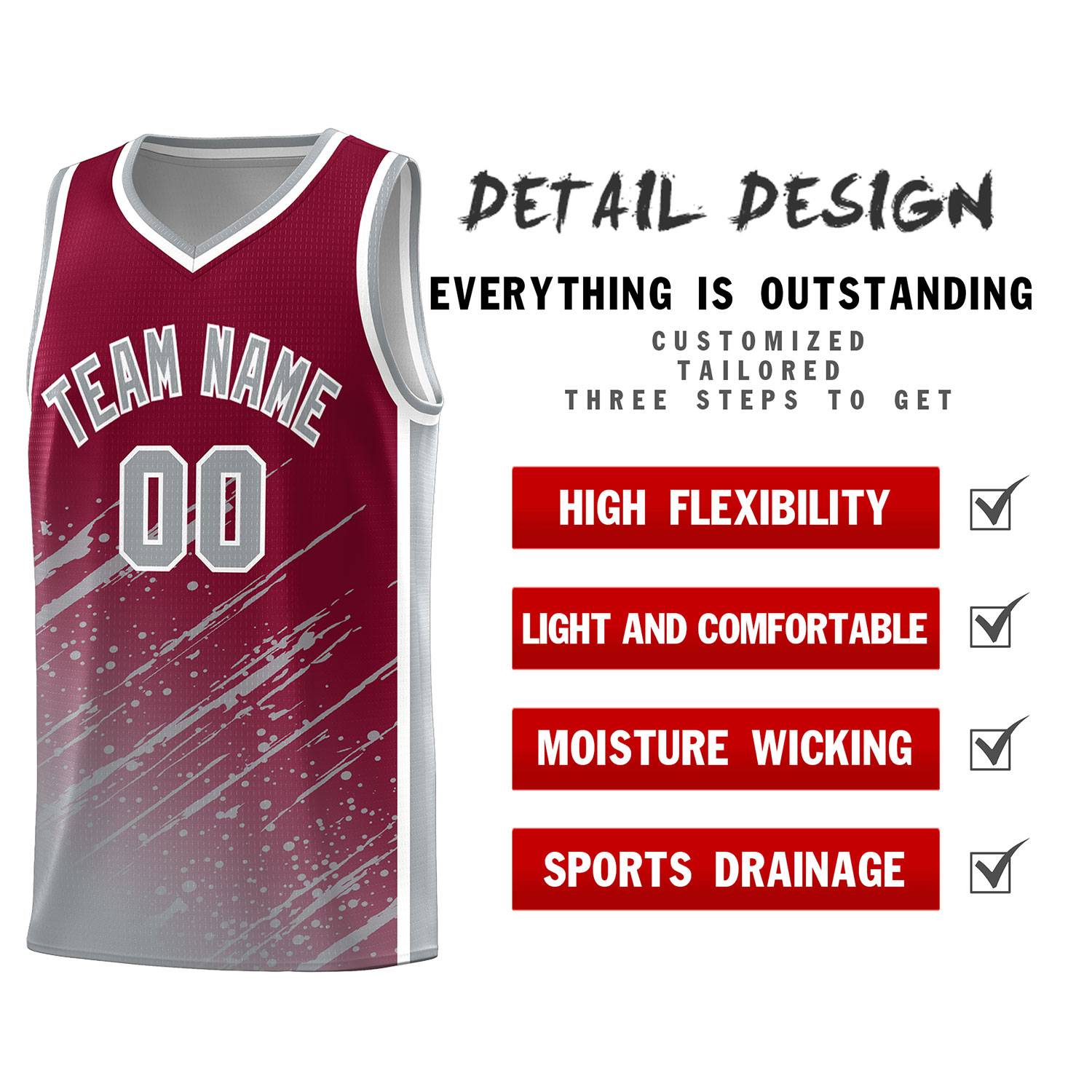 Custom Crimson Basketball Kits With Gray Paint Graffiti