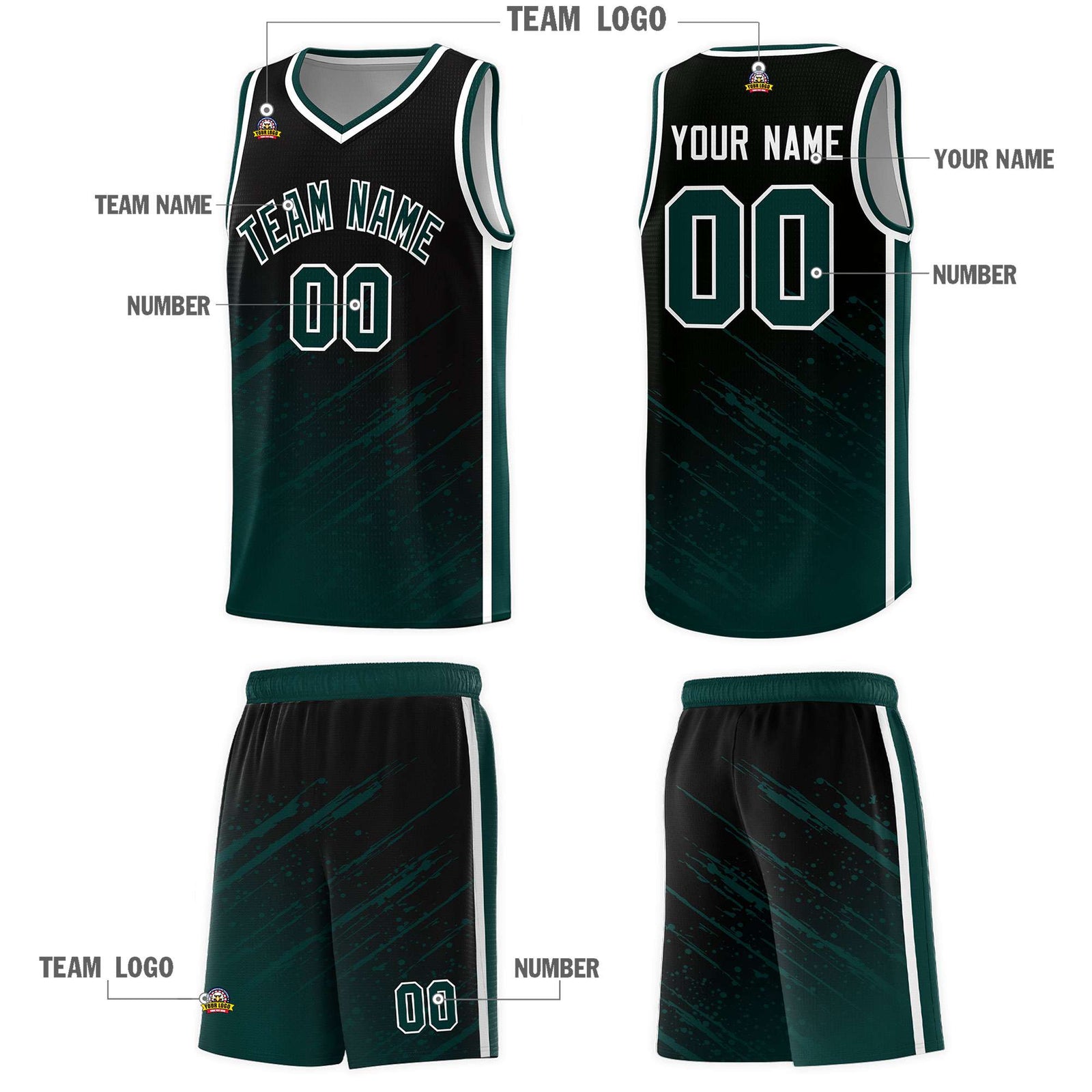 Custom Black Basketball Kits With Midnight Green Paint Graffiti