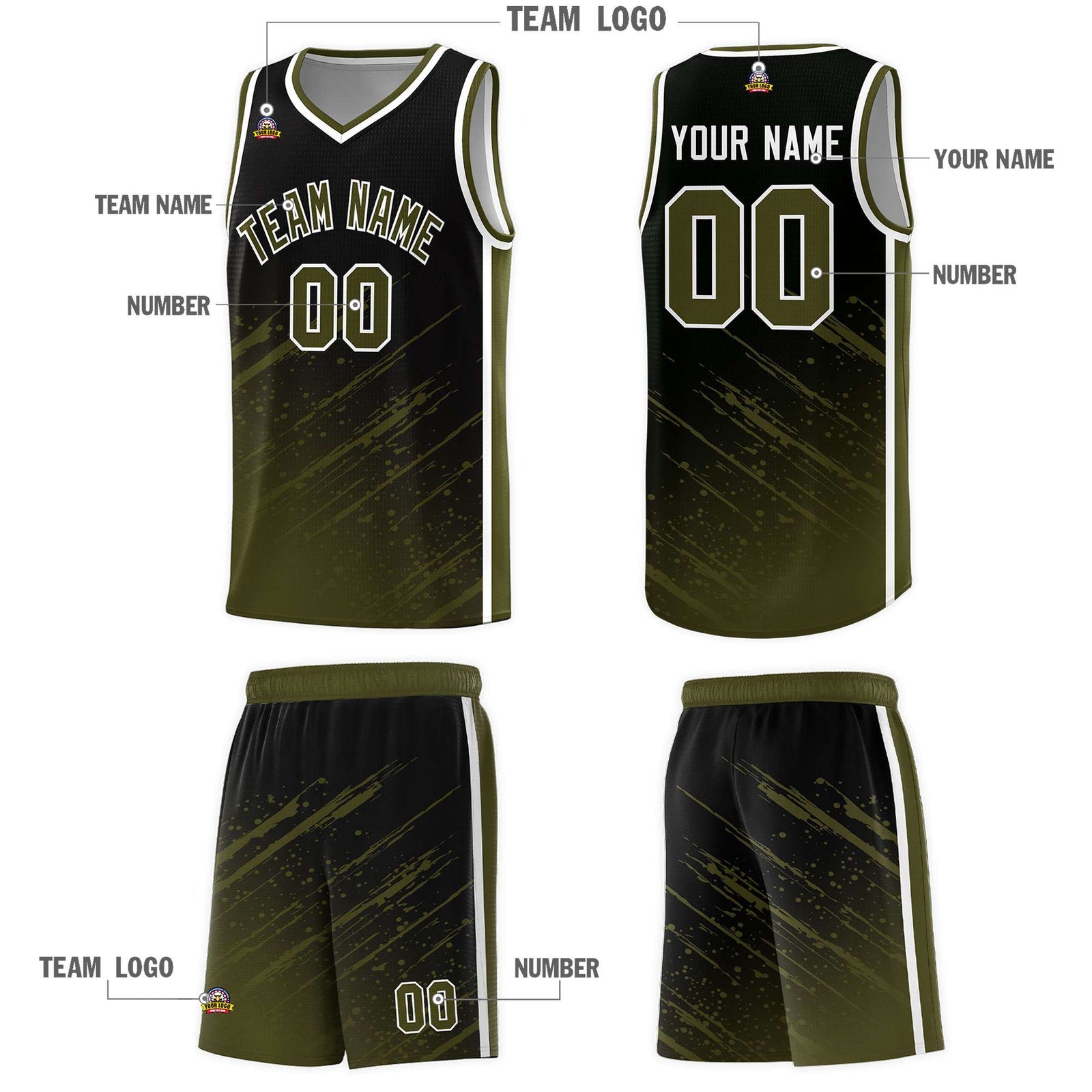 Custom Black Basketball Kits With Olive Paint Graffiti