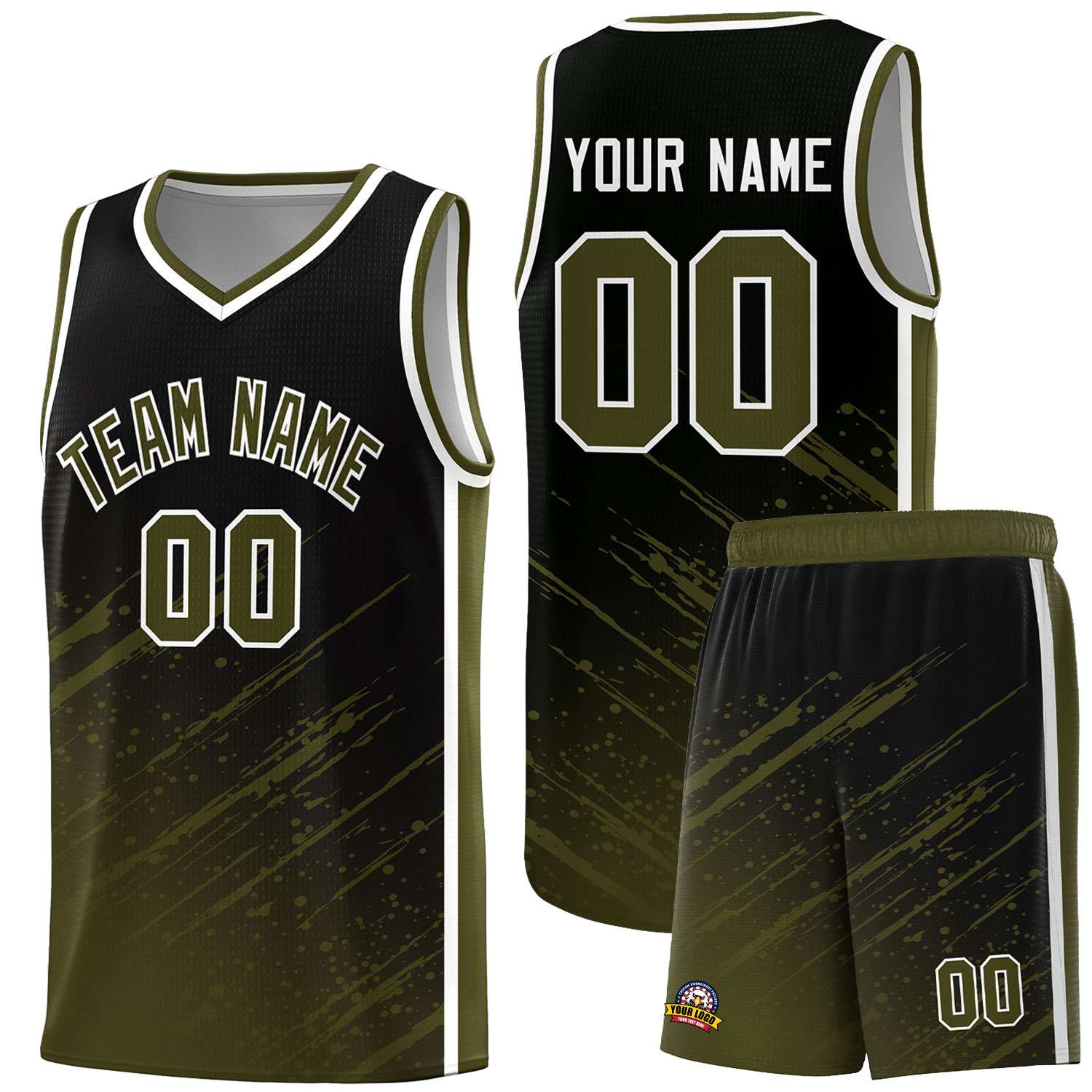 Custom Black Basketball Kits With Olive Paint Graffiti