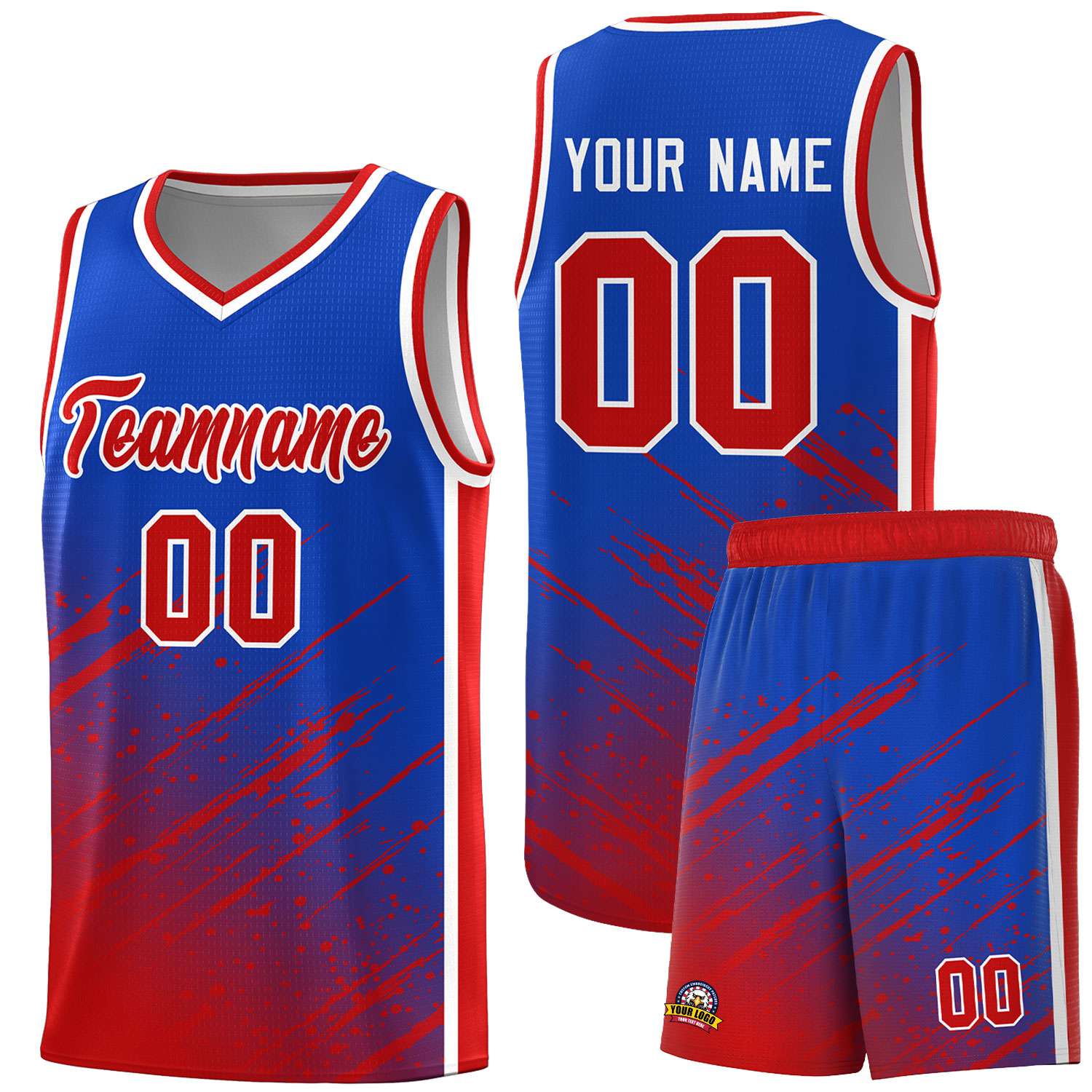 Custom Royal Basketball Kits With Red Paint Graffiti