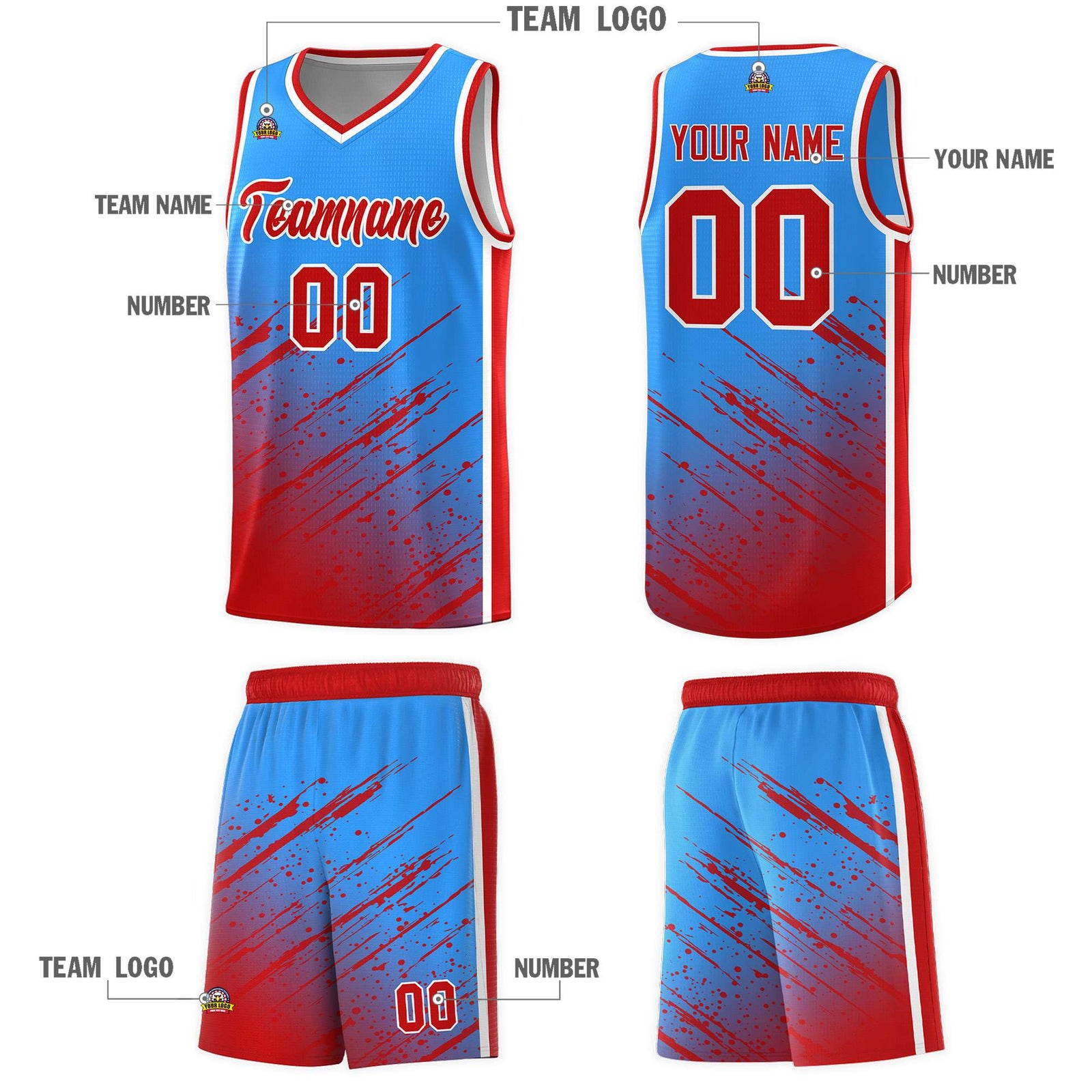 Custom Powder Blue Basketball Kits With Red Paint Graffiti