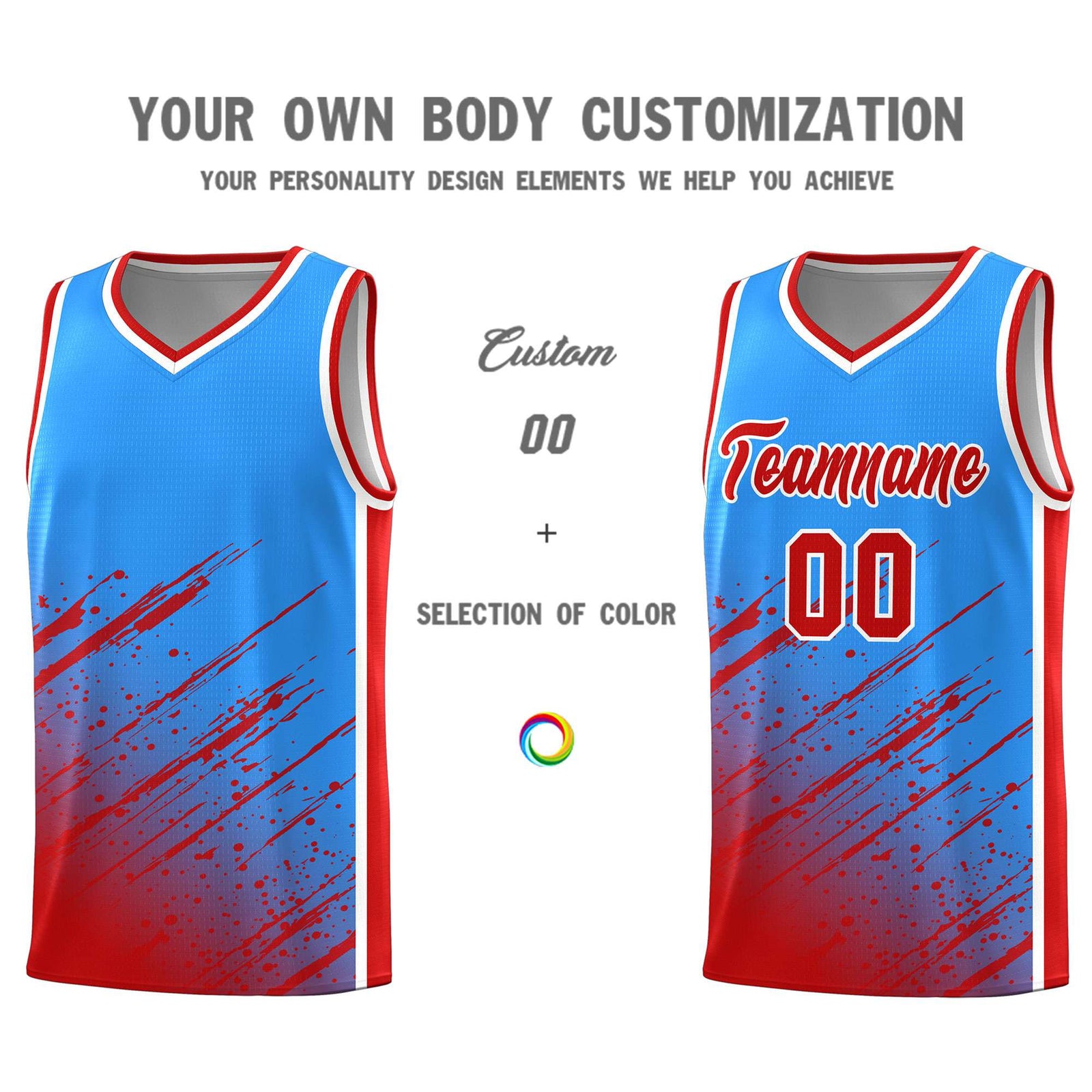 Custom Powder Blue Basketball Kits With Red Paint Graffiti