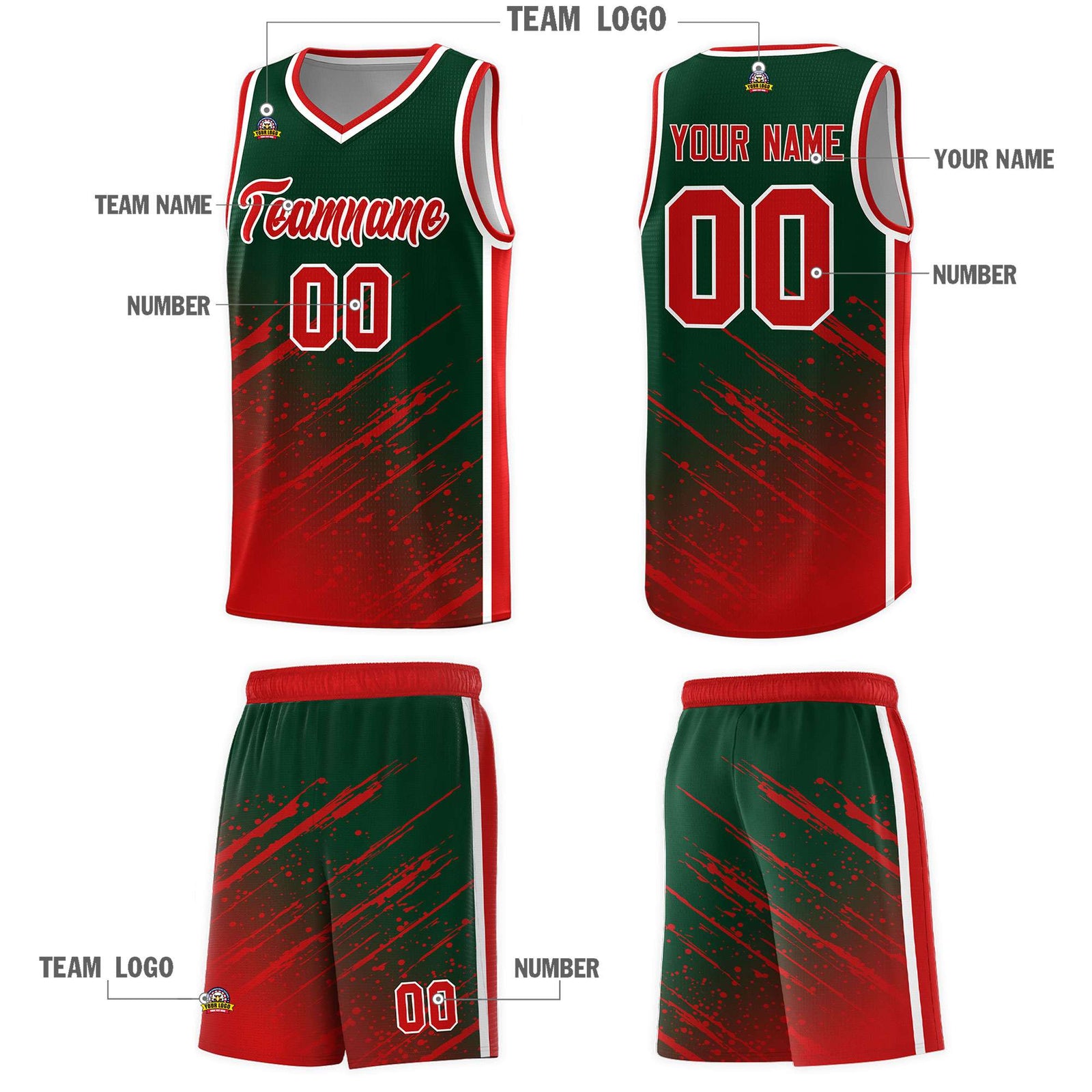 Custom Green Basketball Kits With Red Paint Graffiti