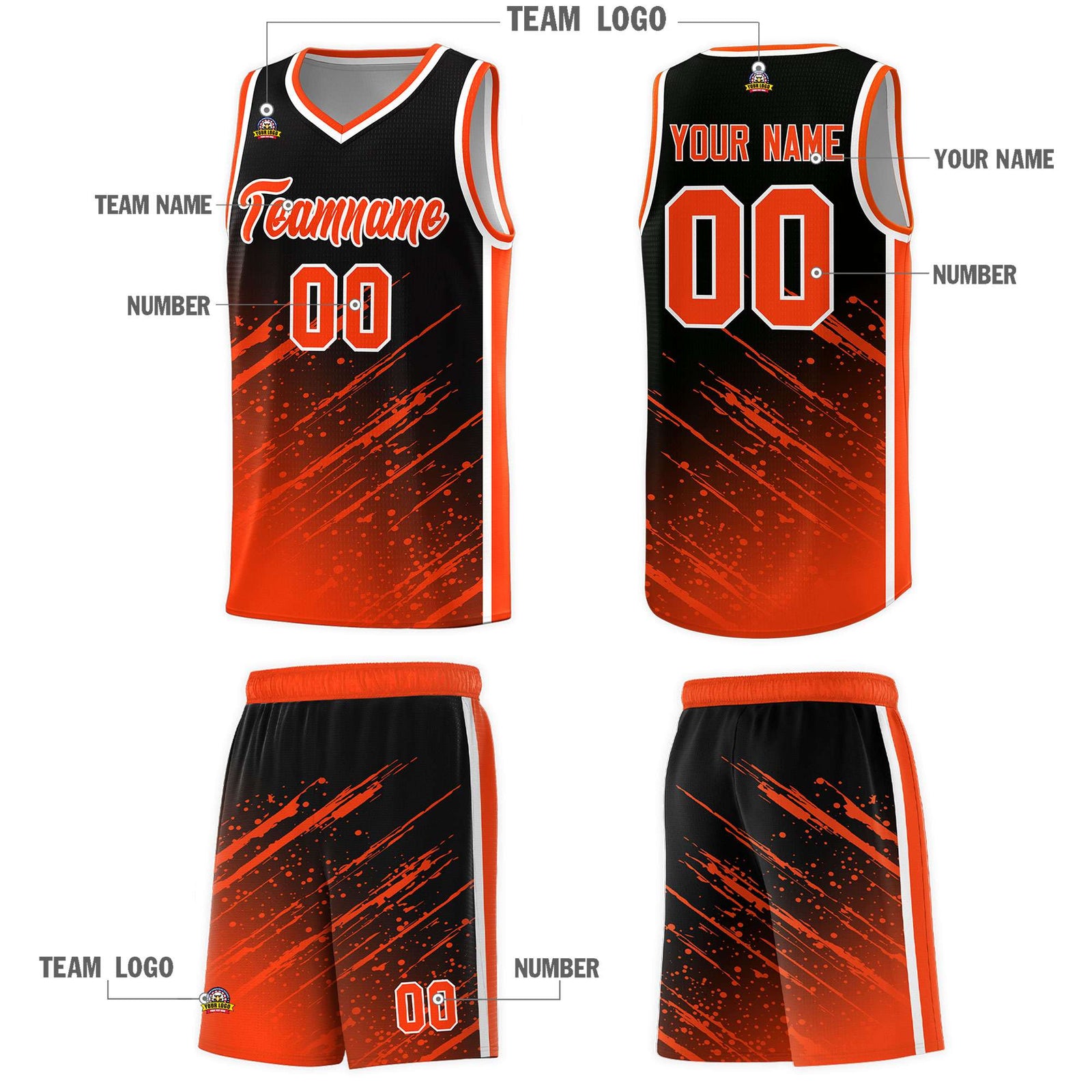 Custom Black Basketball Kits With Orange Paint Graffiti