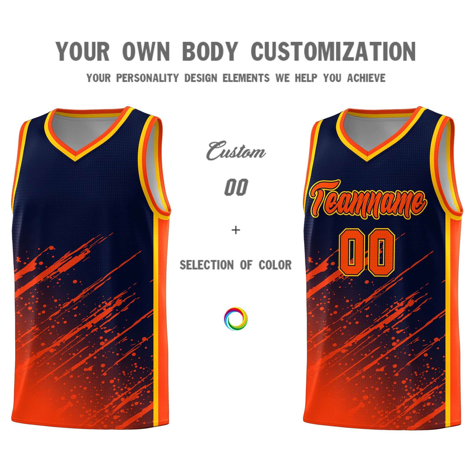 Custom Navy Basketball Kits With Orange Paint Graffiti